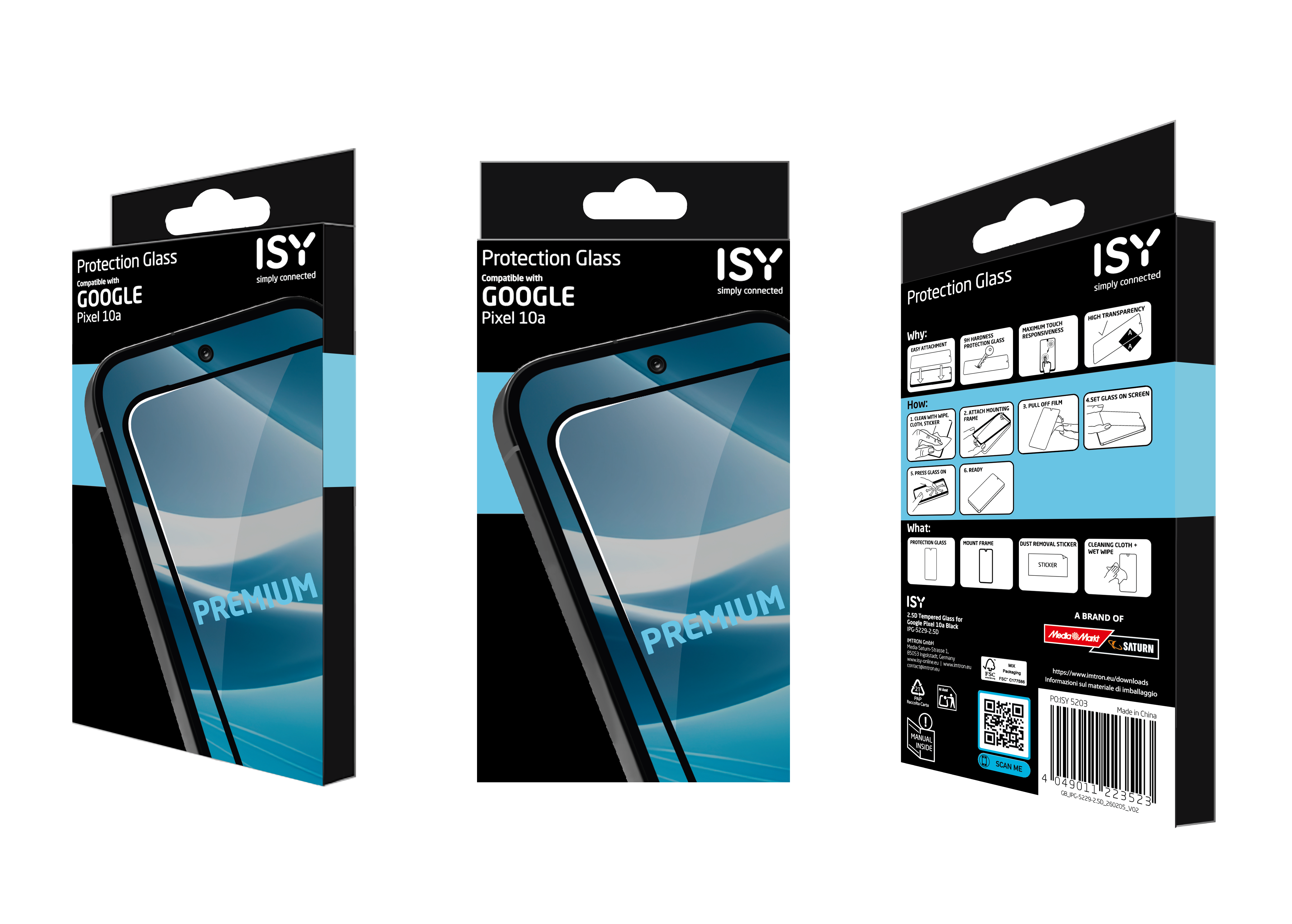 ISY Displayschutzglas für Google Pixel 10a, zeigt Verpackung und Handy.