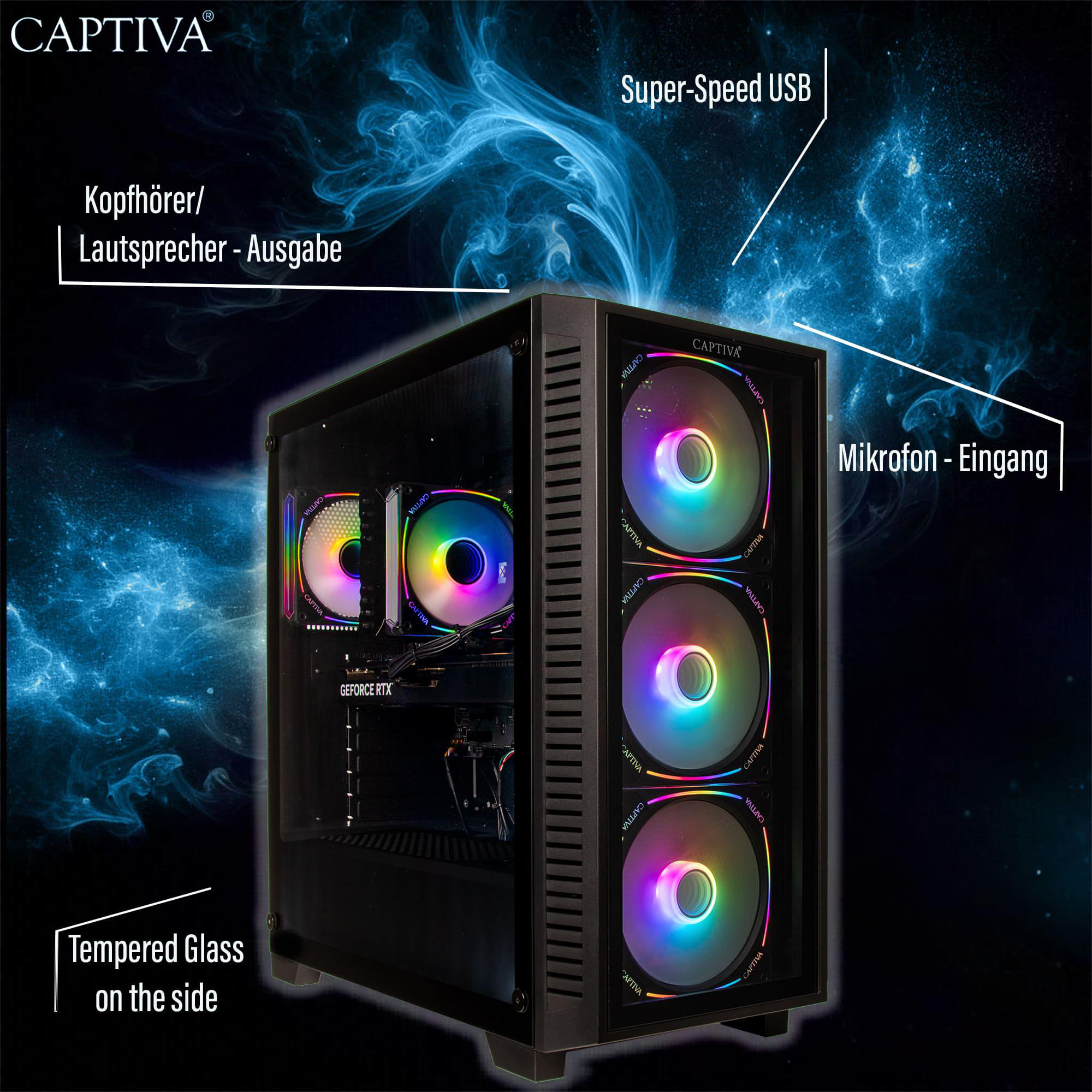 Ein schwarzer PC-Tower mit RGB-Lüftern und "GeForce RTX"-Grafikkarte.