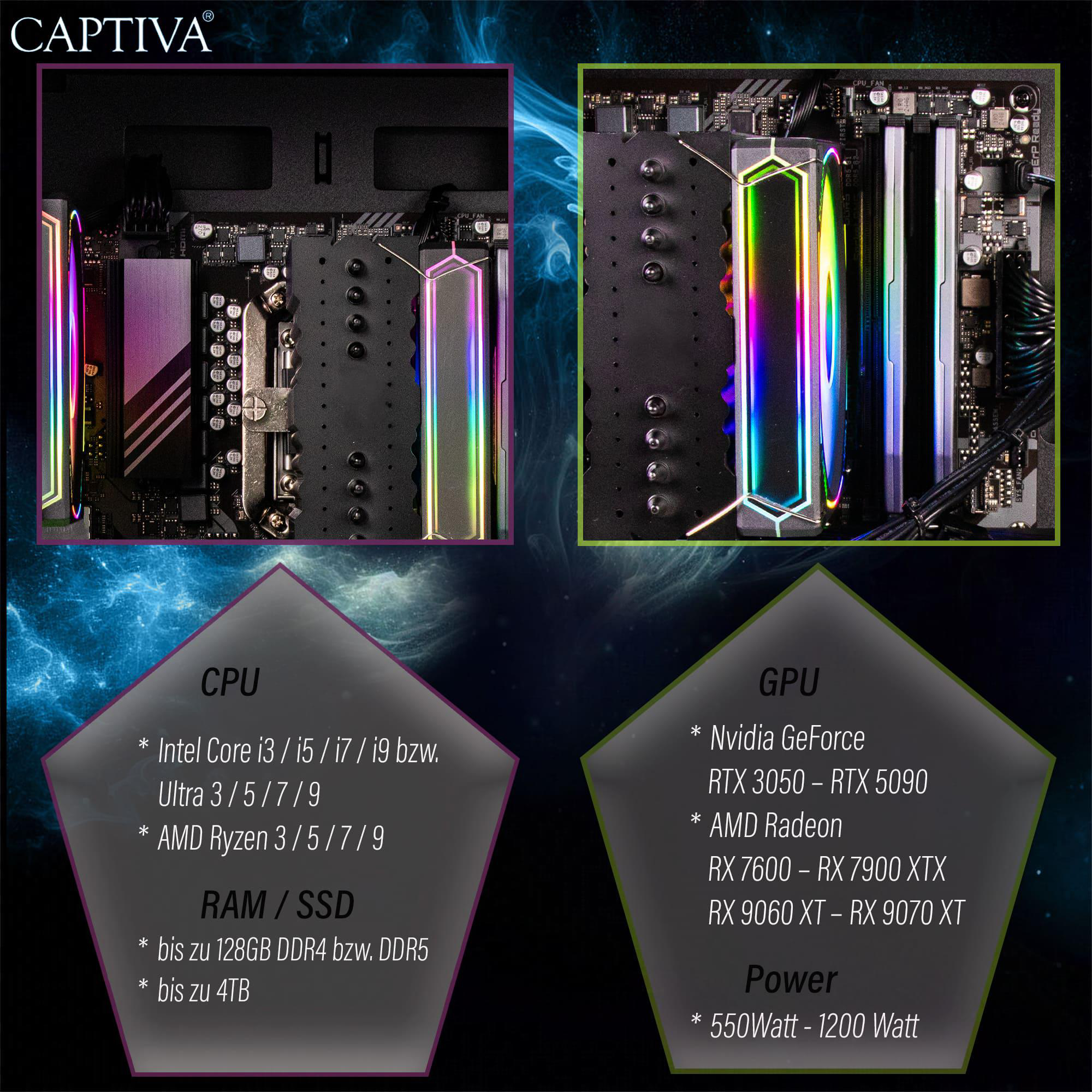 Nahaufnahme von Computer-Motherboards mit RGB-Beleuchtung und Spezifikationen.