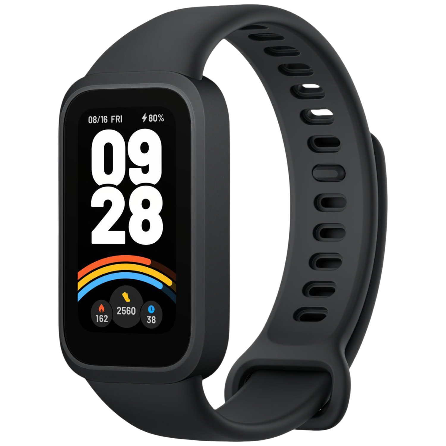 Black fitness band displaying time 09:28 and activity data.