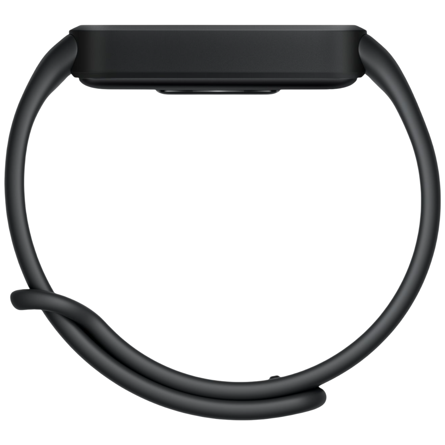 A black fitness band with a rectangular display and a flexible strap.