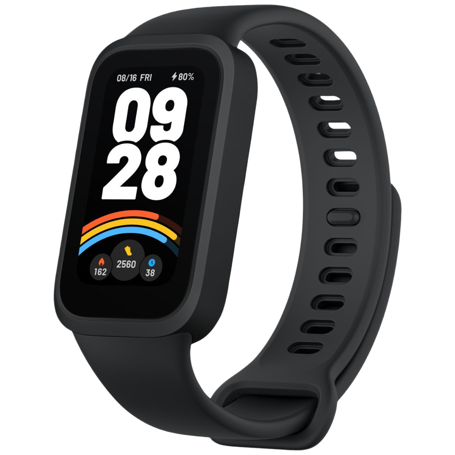 Black fitness band with screen showing time, date, and fitness stats.