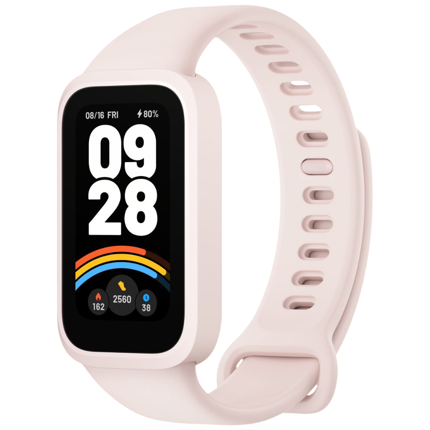 A light pink fitness tracker with a digital display showing time, date, battery, and activity icons.