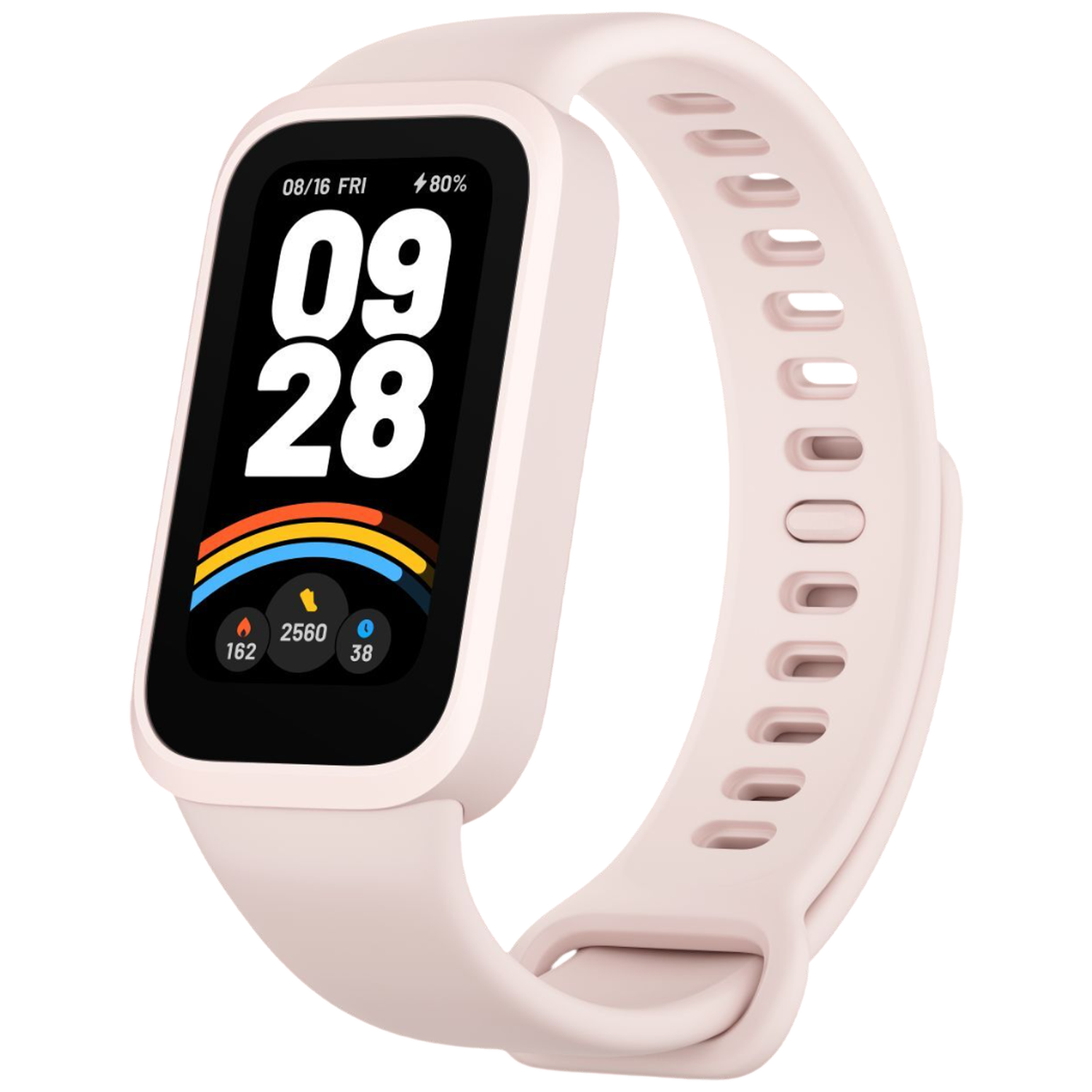 A light pink fitness tracker with a black screen displaying time 09:28 and activity stats.