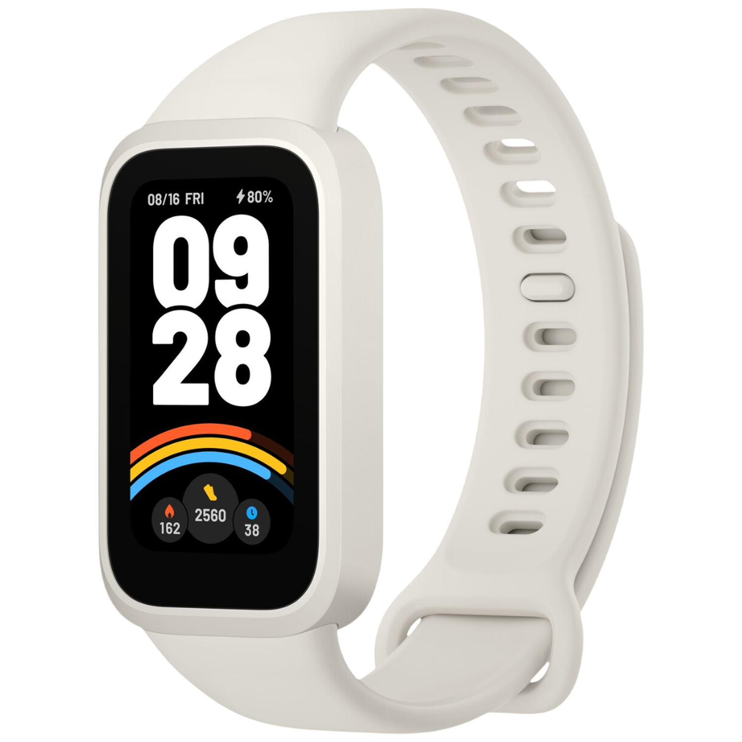 Wit smartwatch met weergave van tijd, datum en fitnessgegevens.