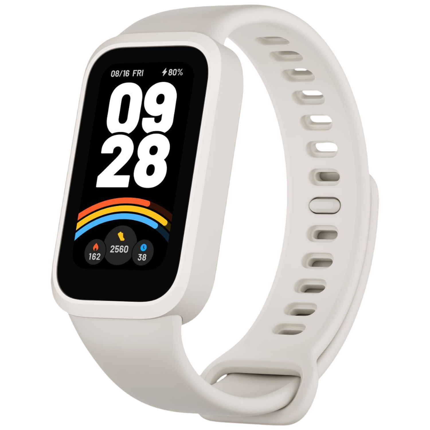 Een lichtgrijze fitnessband met een rechthoekig scherm waarop 09:28 wordt weergegeven.