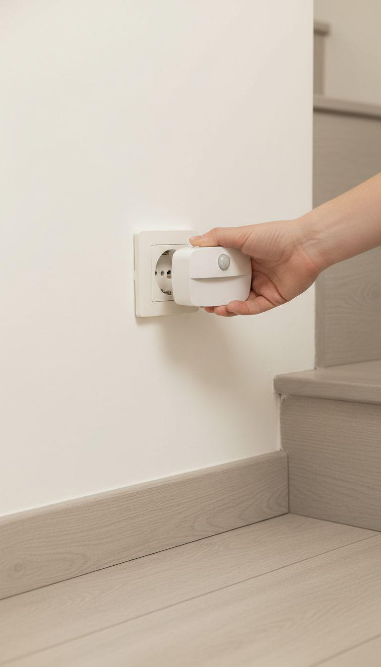 Eine Hand steckt einen weißen Bewegungsmelder in eine Steckdose.