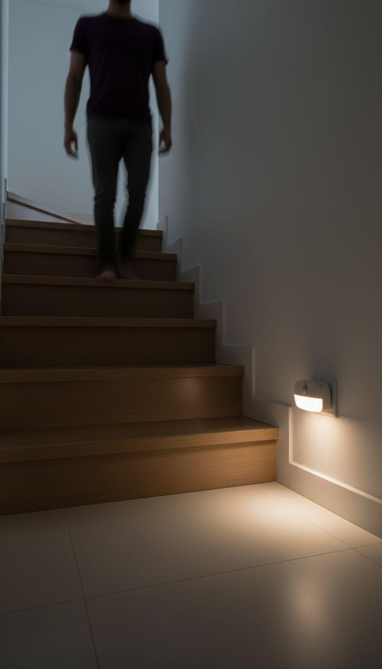 Mann geht Treppe runter, Nachtlicht beleuchtet Stufen und Boden.