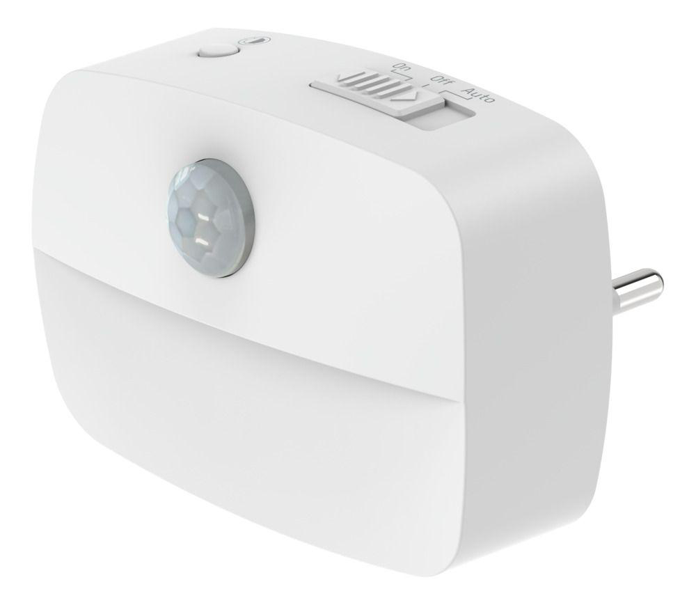 Ein weißer Bewegungsmelder-Nachtlichtstecker mit Ein/Aus/Auto-Schalter.