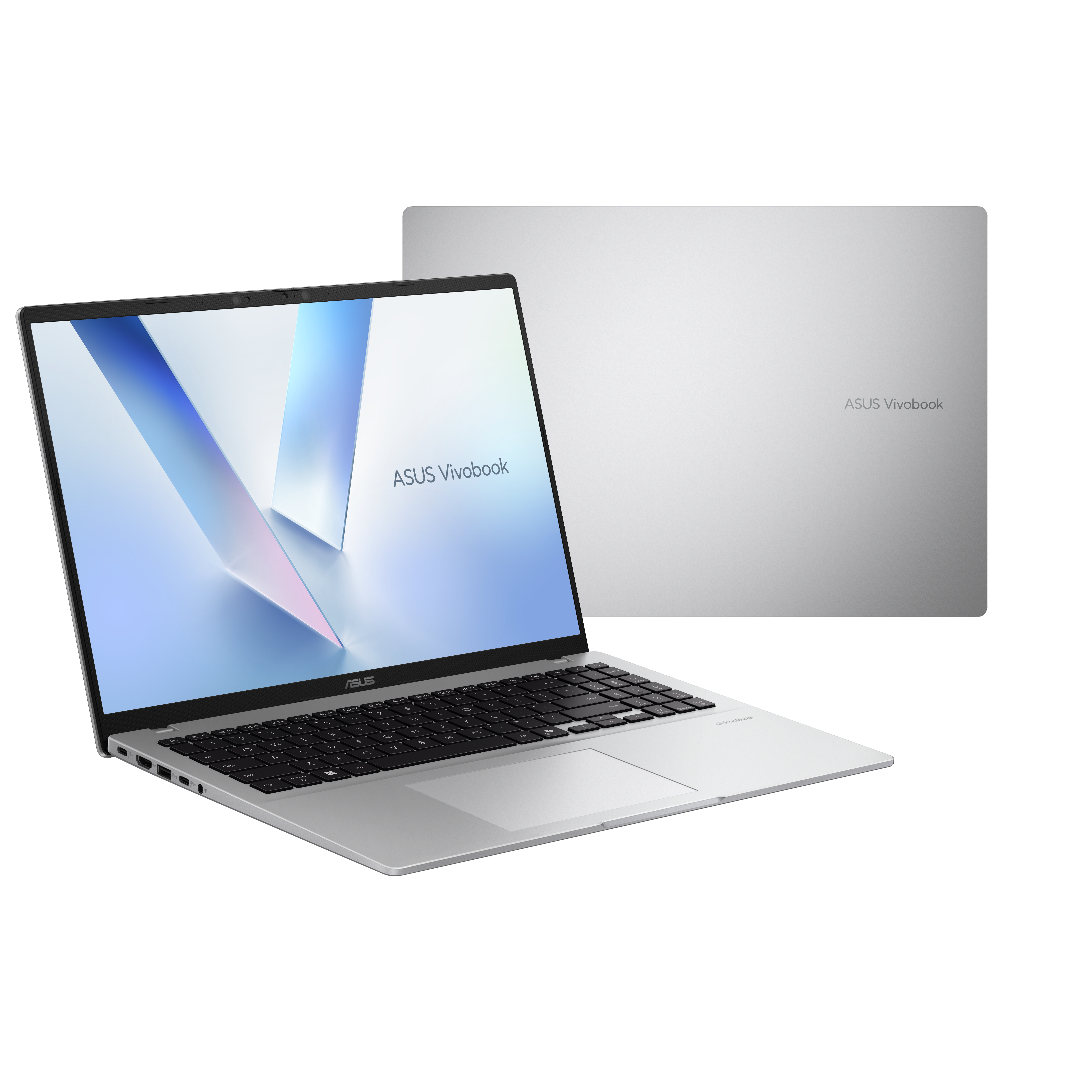 Srebrny laptop Asus Vivobook, otwarty i zamknięty, na białym tle.