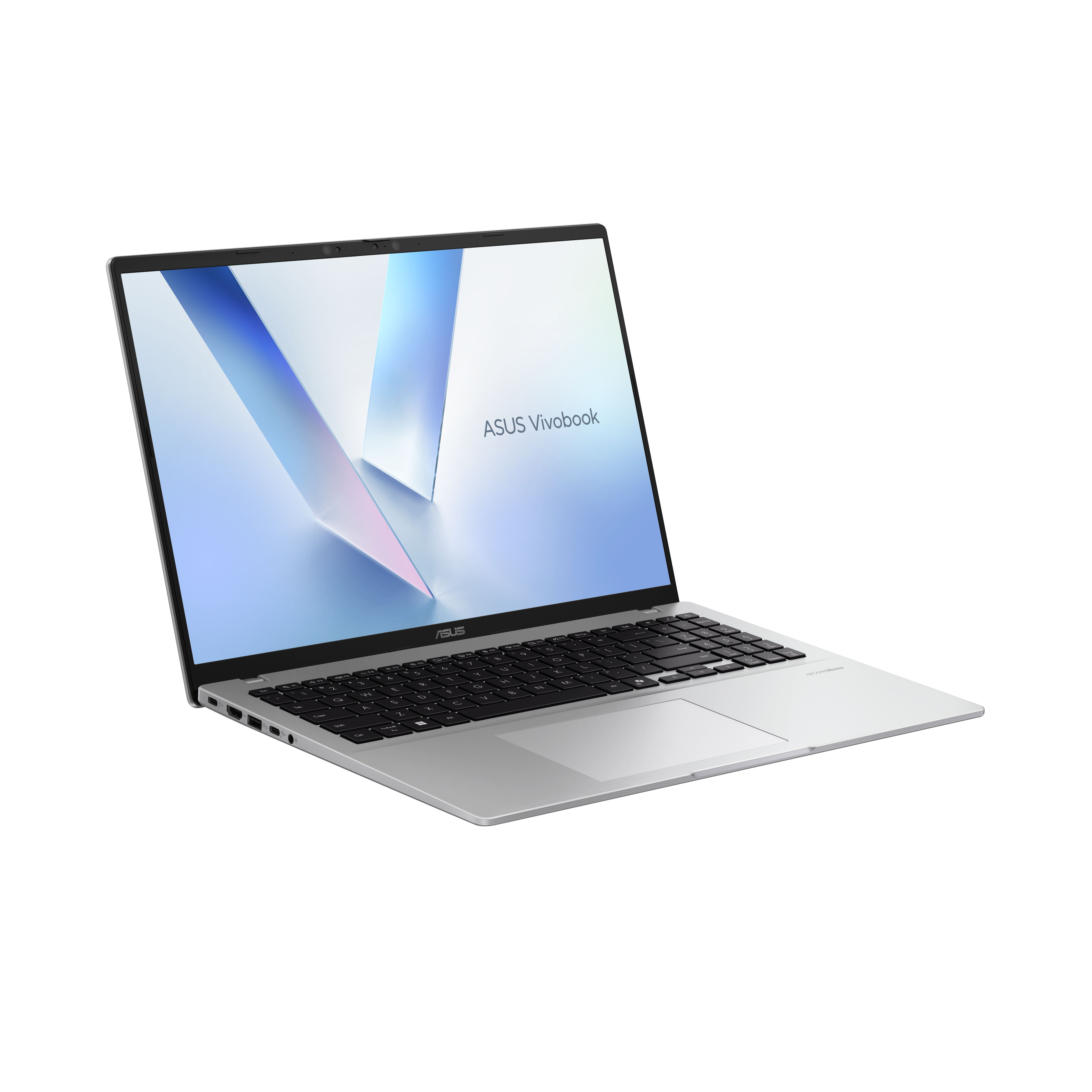 Srebrny laptop ASUS Vivobook z podświetlaną klawiaturą, na czarnym tle.