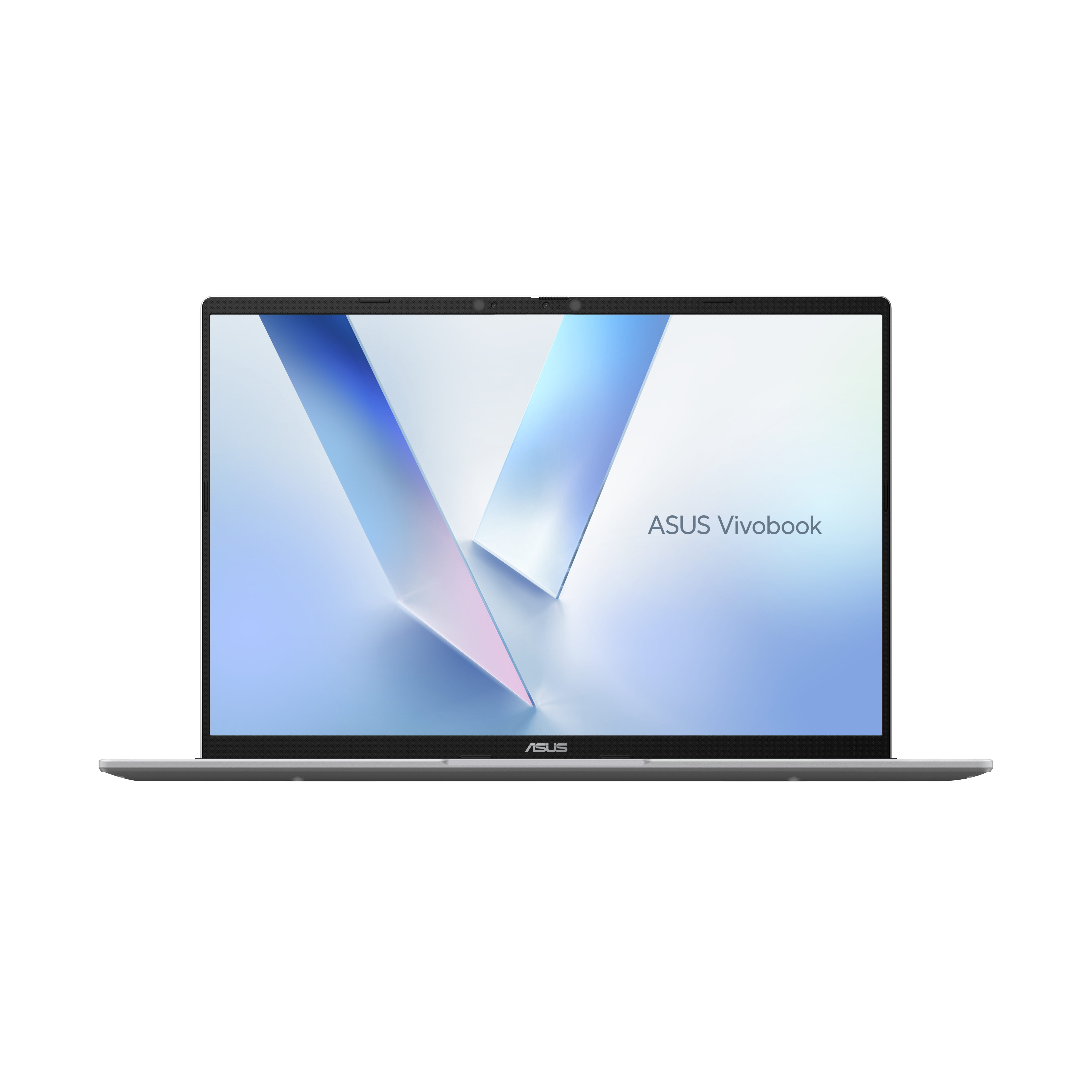 Srebrny laptop Asus Vivobook z stylizowaną tapetą w kształcie litery V na ekranie.