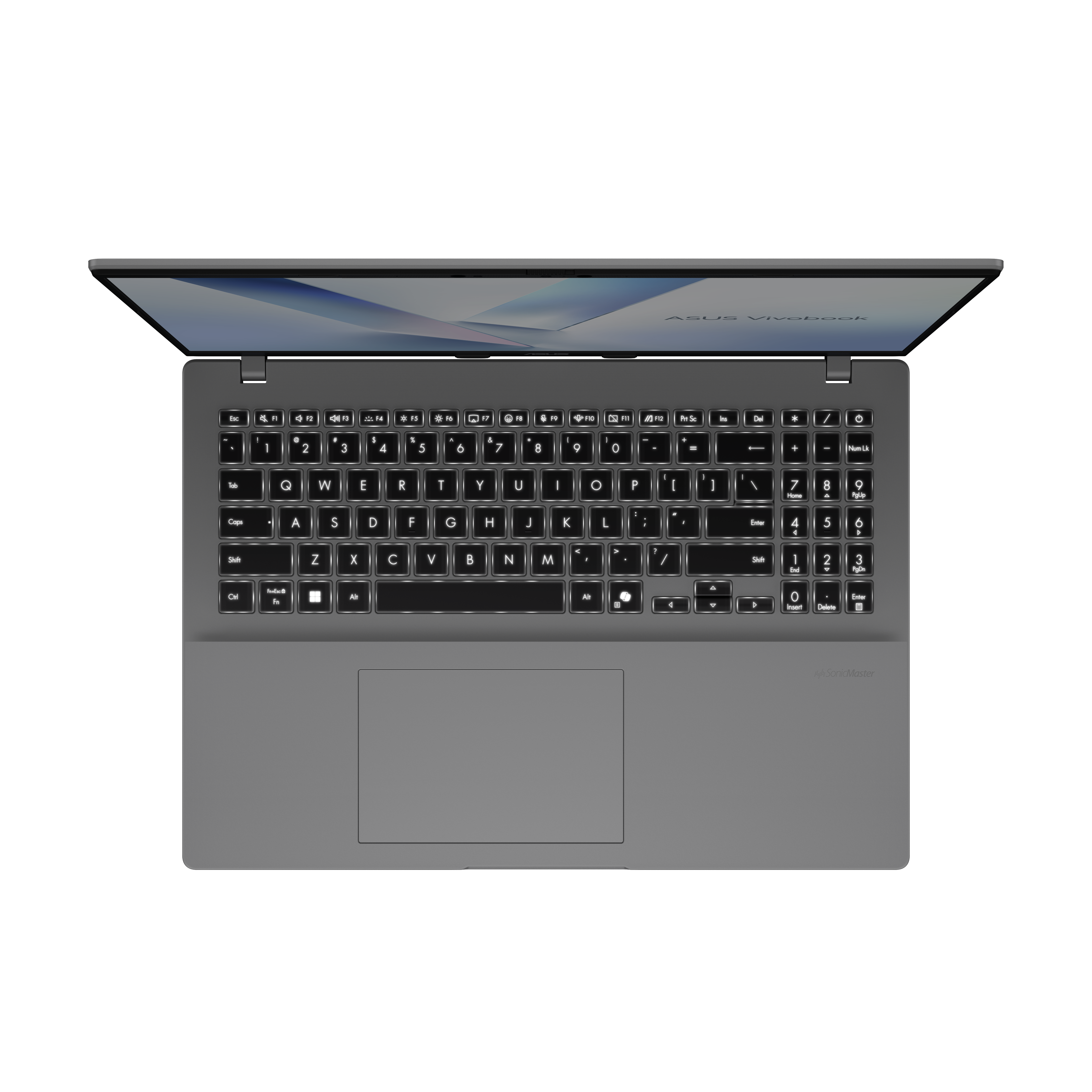 Szary laptop Asus Vivobook z podświetlaną klawiaturą, widok z góry.