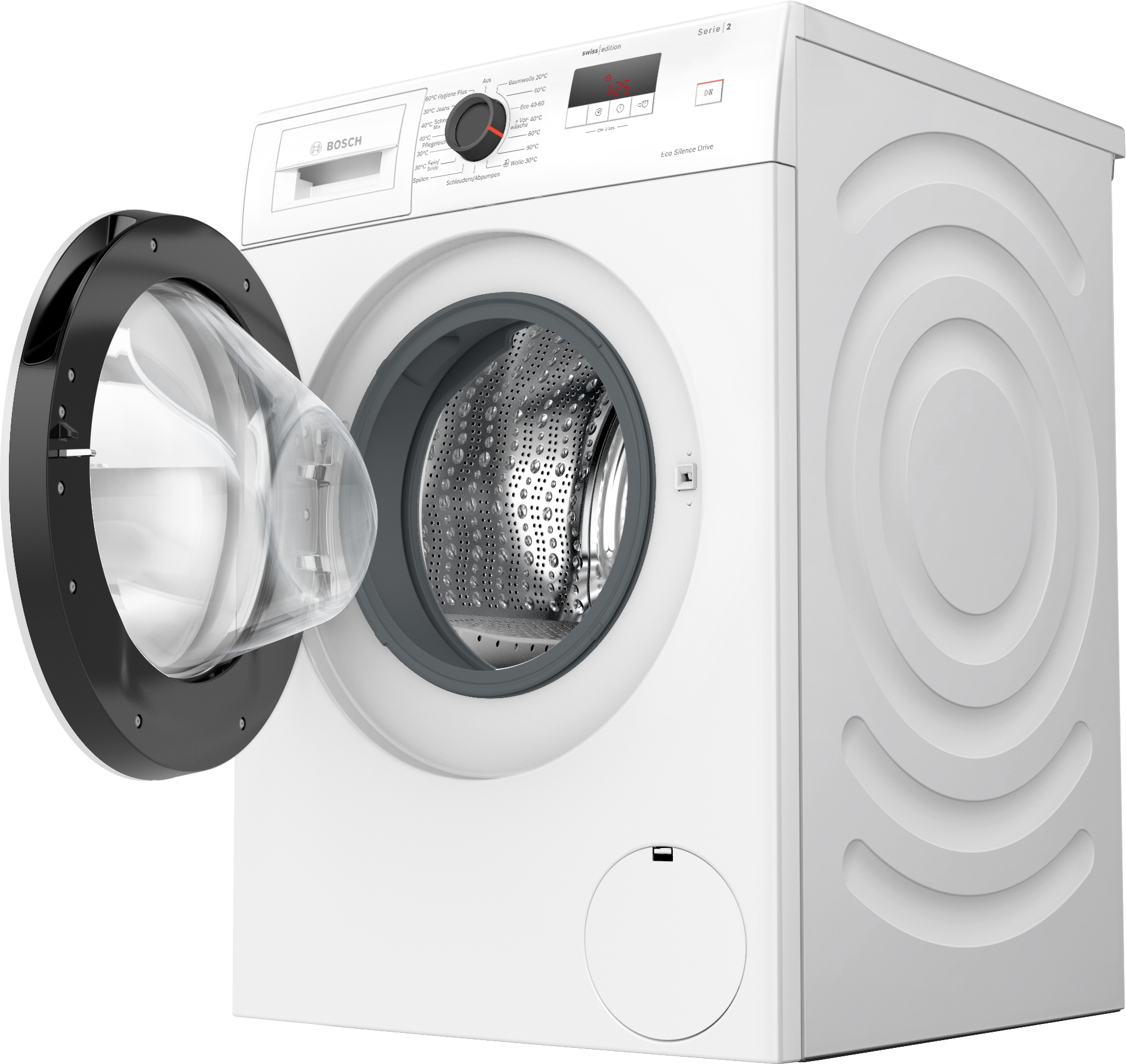 Eine weiße Bosch Waschmaschine mit geöffneter Tür und Trommel.
