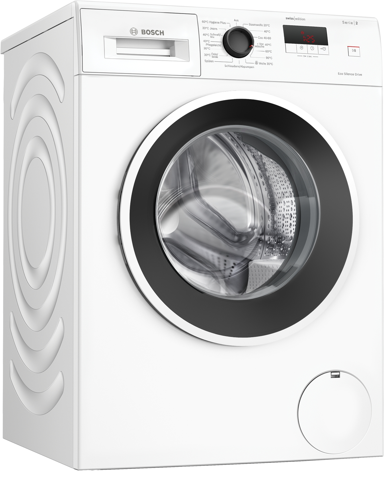 Eine weiße Bosch Waschmaschine mit schwarzem Bullauge und Bedienfeld.