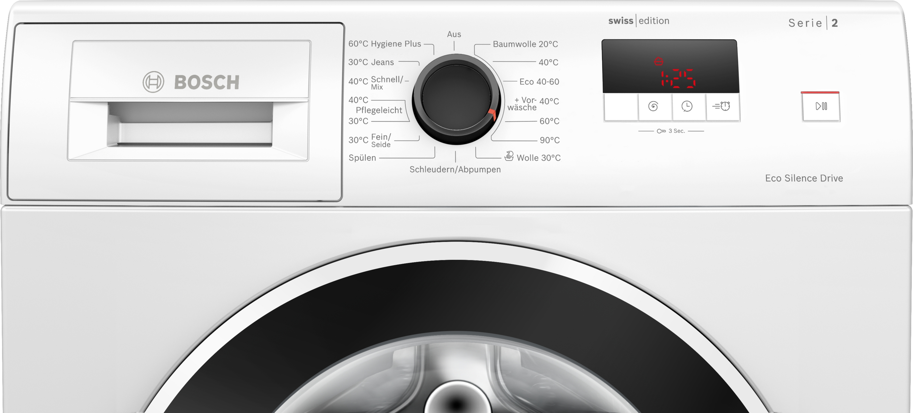 Eine weiße Bosch Waschmaschine mit Bedienfeld, Programmauswahl und digitaler Anzeige.