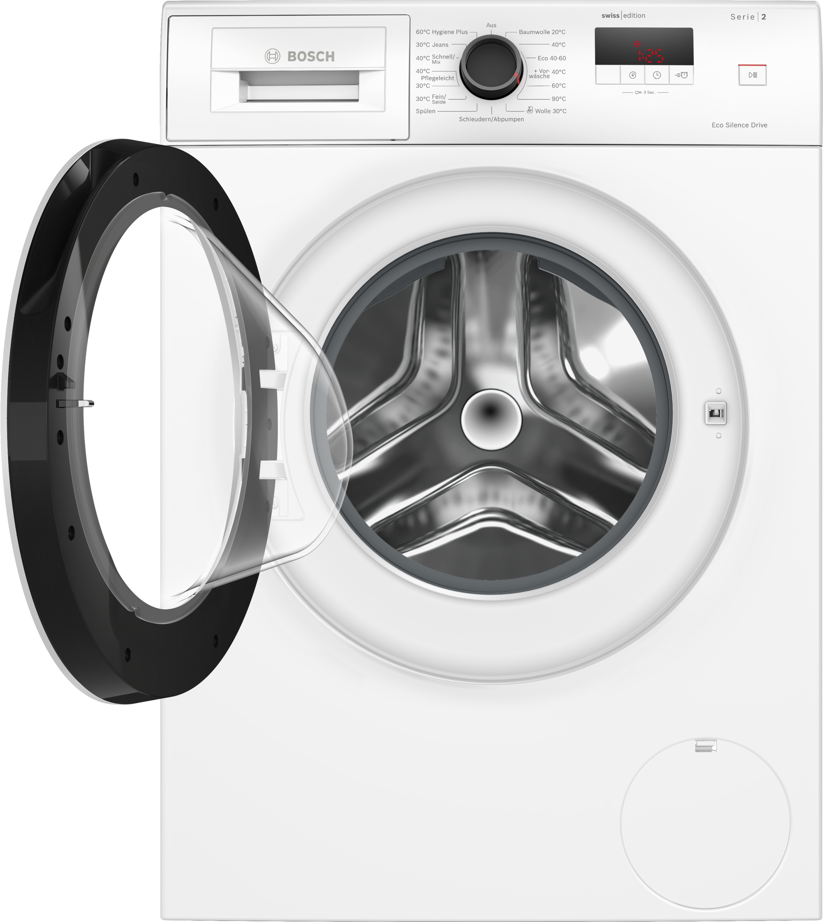 Eine weiße Bosch Waschmaschine mit geöffneter Tür und sichtbarer Trommel.