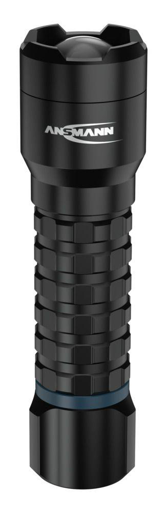 Schwarze Taschenlampe mit geriffeltem Griff und blauem Ring.