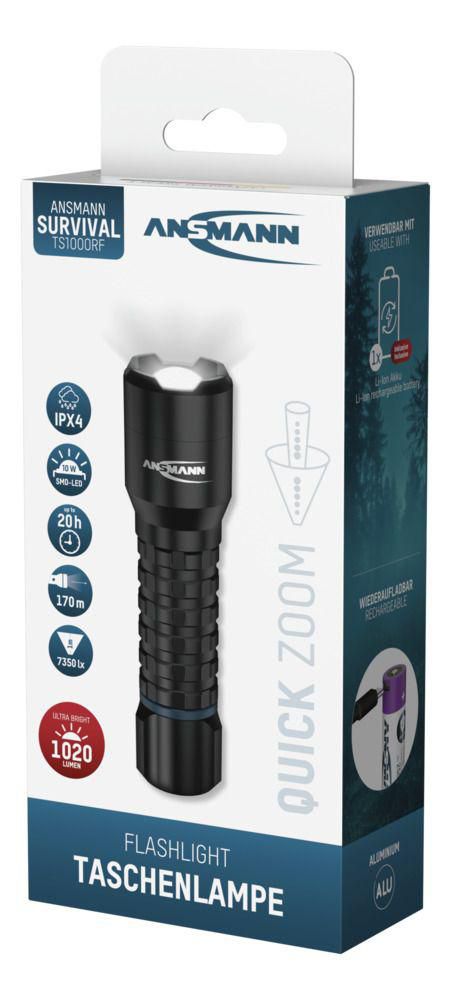 Ansmann Survival Taschenlampe mit 1020 Lumen, Aluminiumgehäuse, IPX4, 170m Reichweite.