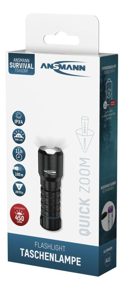 Ansmann Survival Taschenlampe TS450RF mit IPX4, 6W LED, 11h Laufzeit, 100m Reichweite, 450 Lumen.