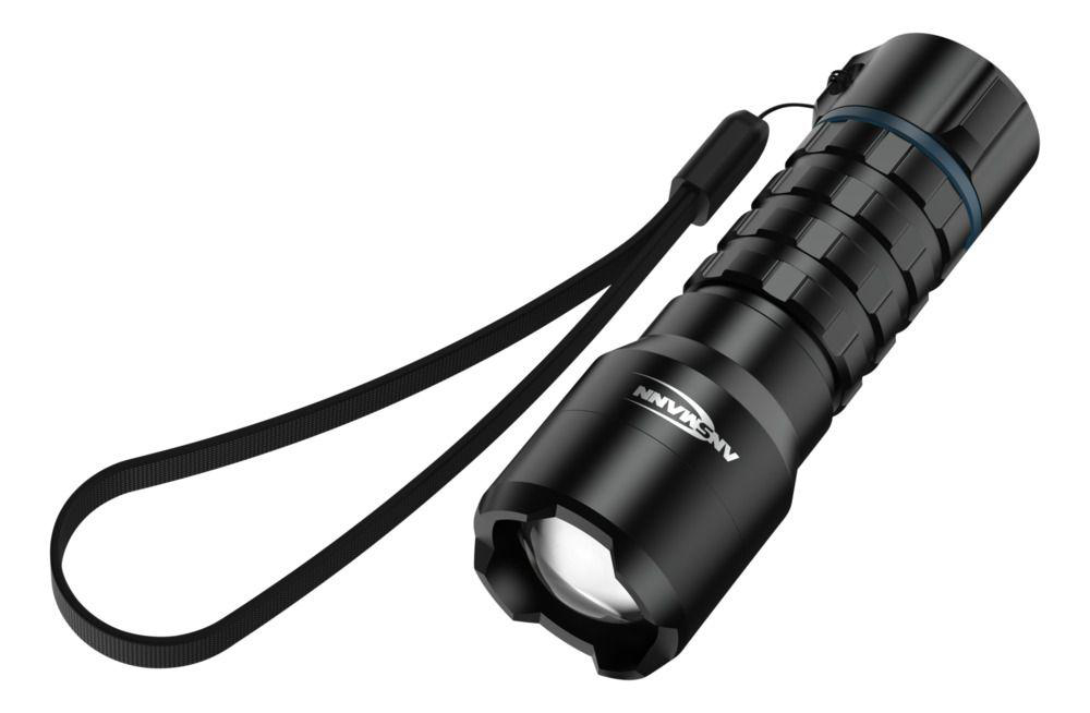 Schwarze Taschenlampe mit Lanyard und geriffeltem Griff.