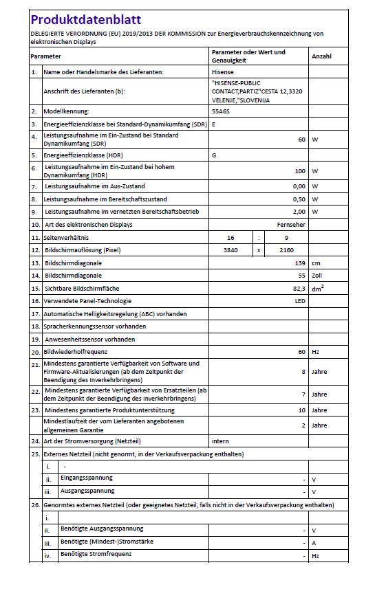 Produktdatenblatt mit Energieverbrauchskennzeichnung für elektronische Displays von Hisense.
