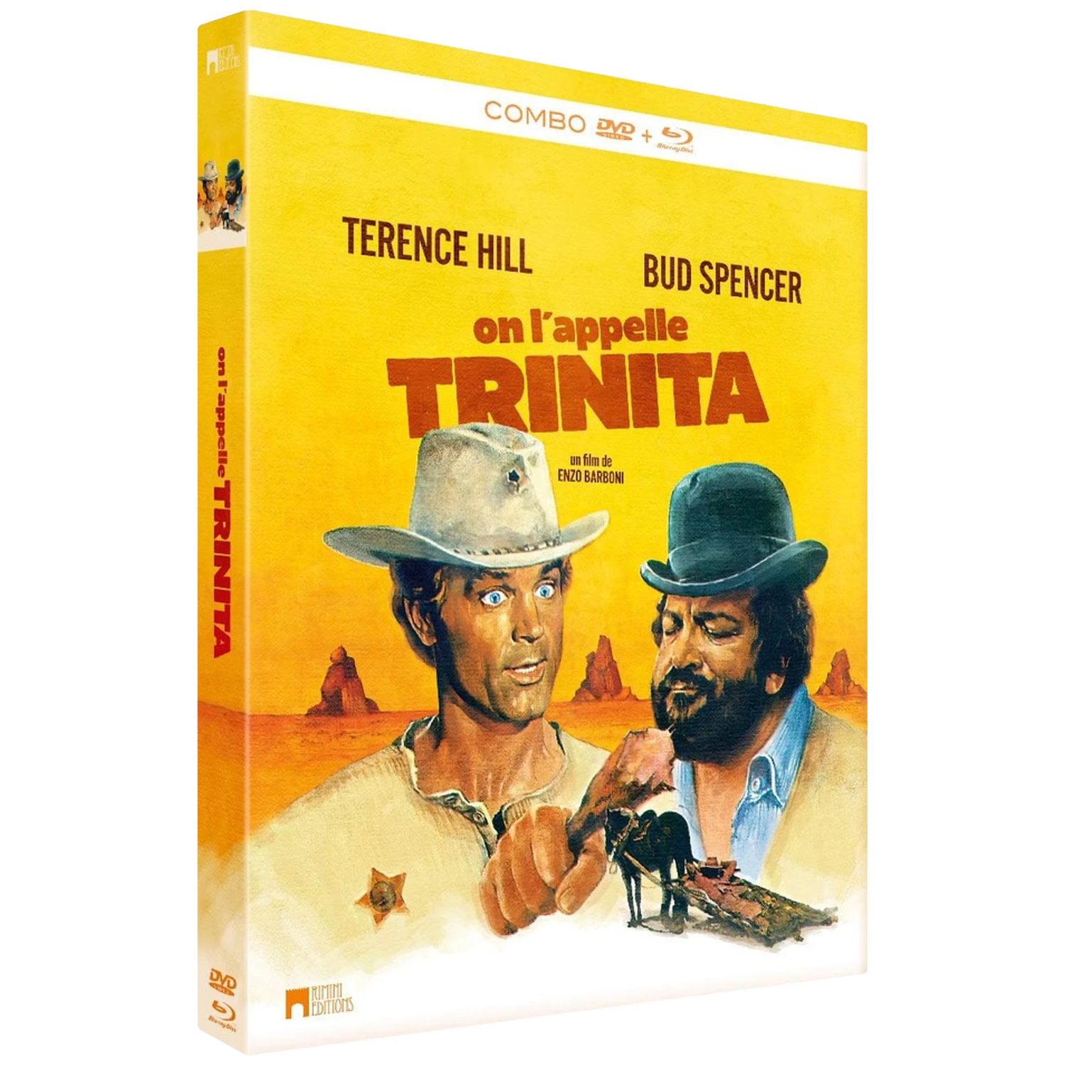 Filmafbeelding: Twee mannen in cowboykleding, Terrence Hill en Bud Spencer, tegen een gele achtergrond.