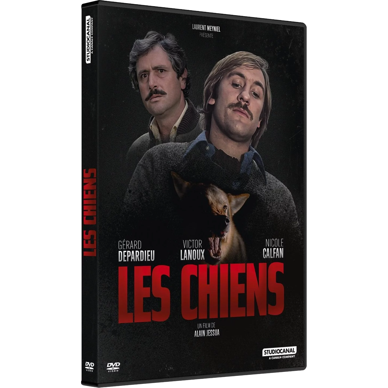 Couverture du film "Les Chiens" avec Depardieu, Lanoux, Calfan et un chien.