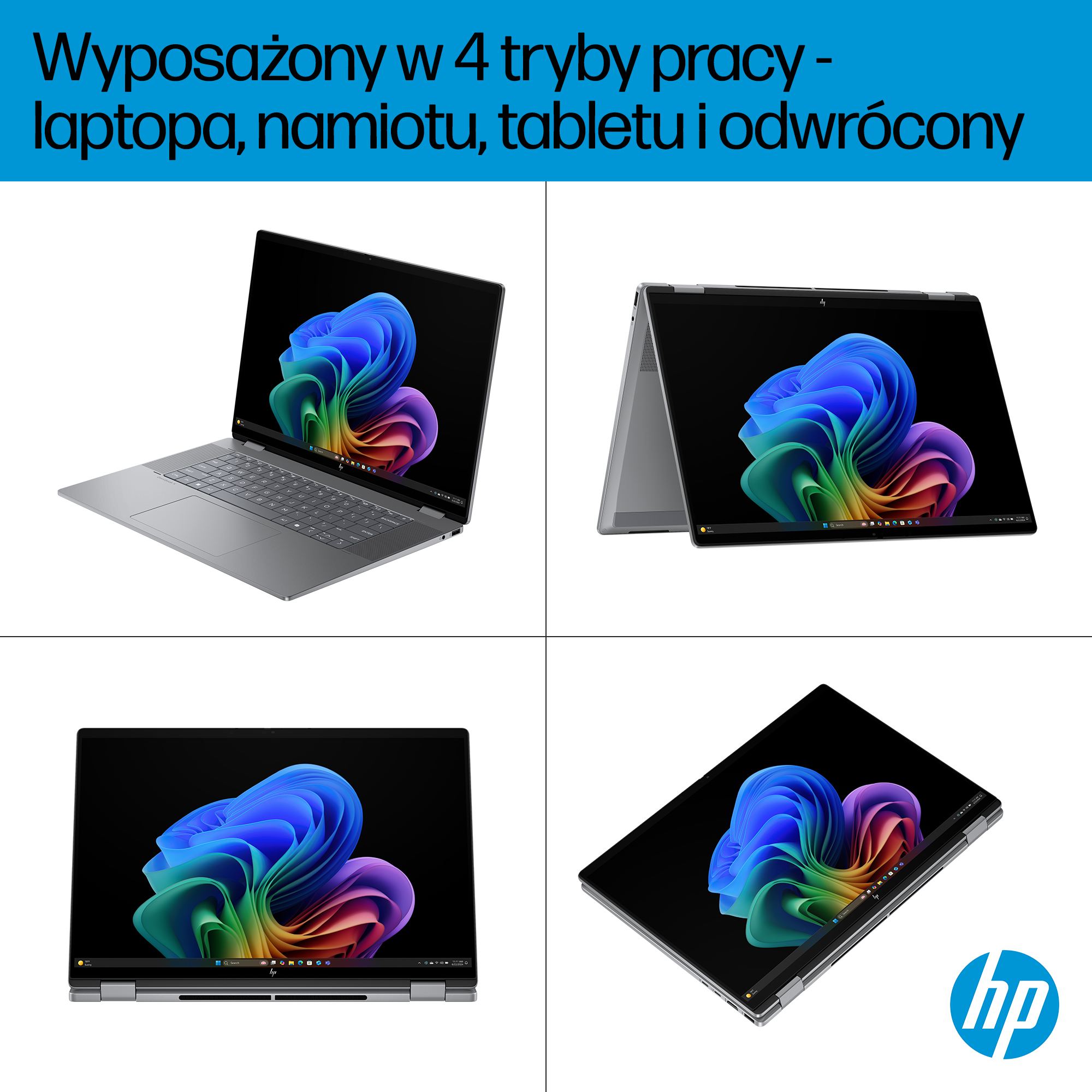 Cztery tryby laptopa HP: laptop, namiot, tablet, odwrócony. Logo HP.