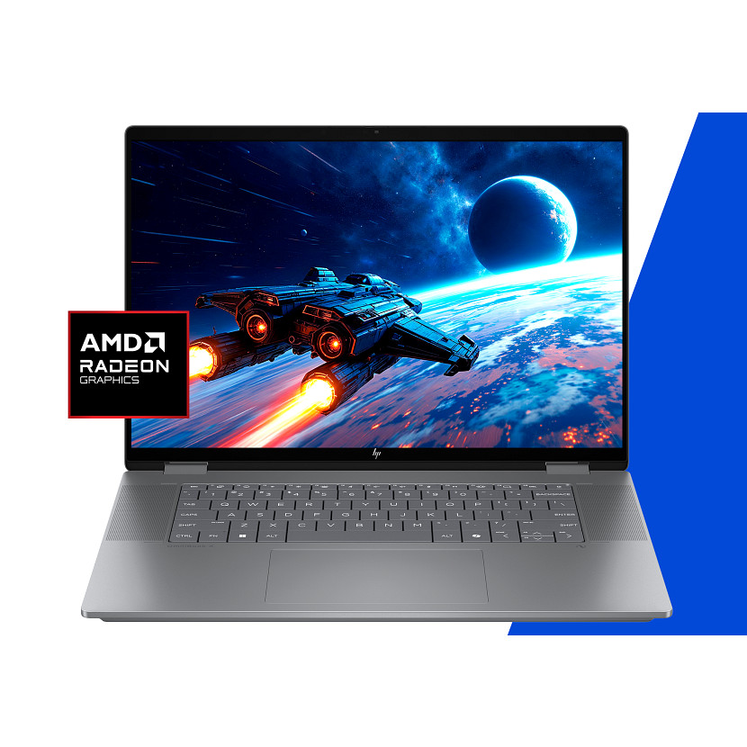 Zilveren laptop toont ruimteschip in de ruimte met AMD Radeon Graphics logo.