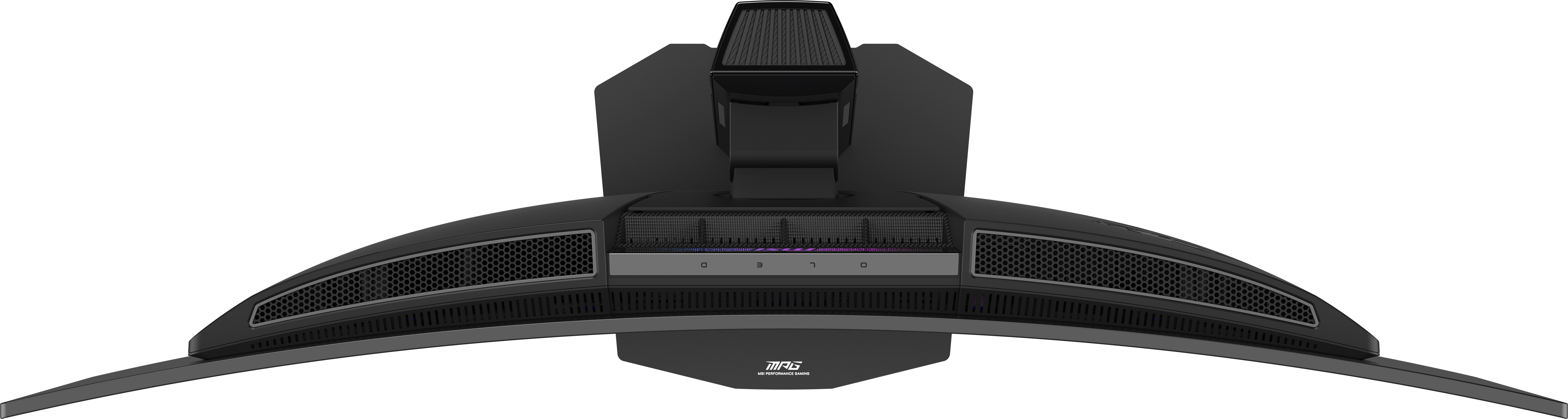 Schwarzer, gekrümmter Computermonitor-Ständer mit Lüftungsschlitzen und RGB-Beleuchtung.