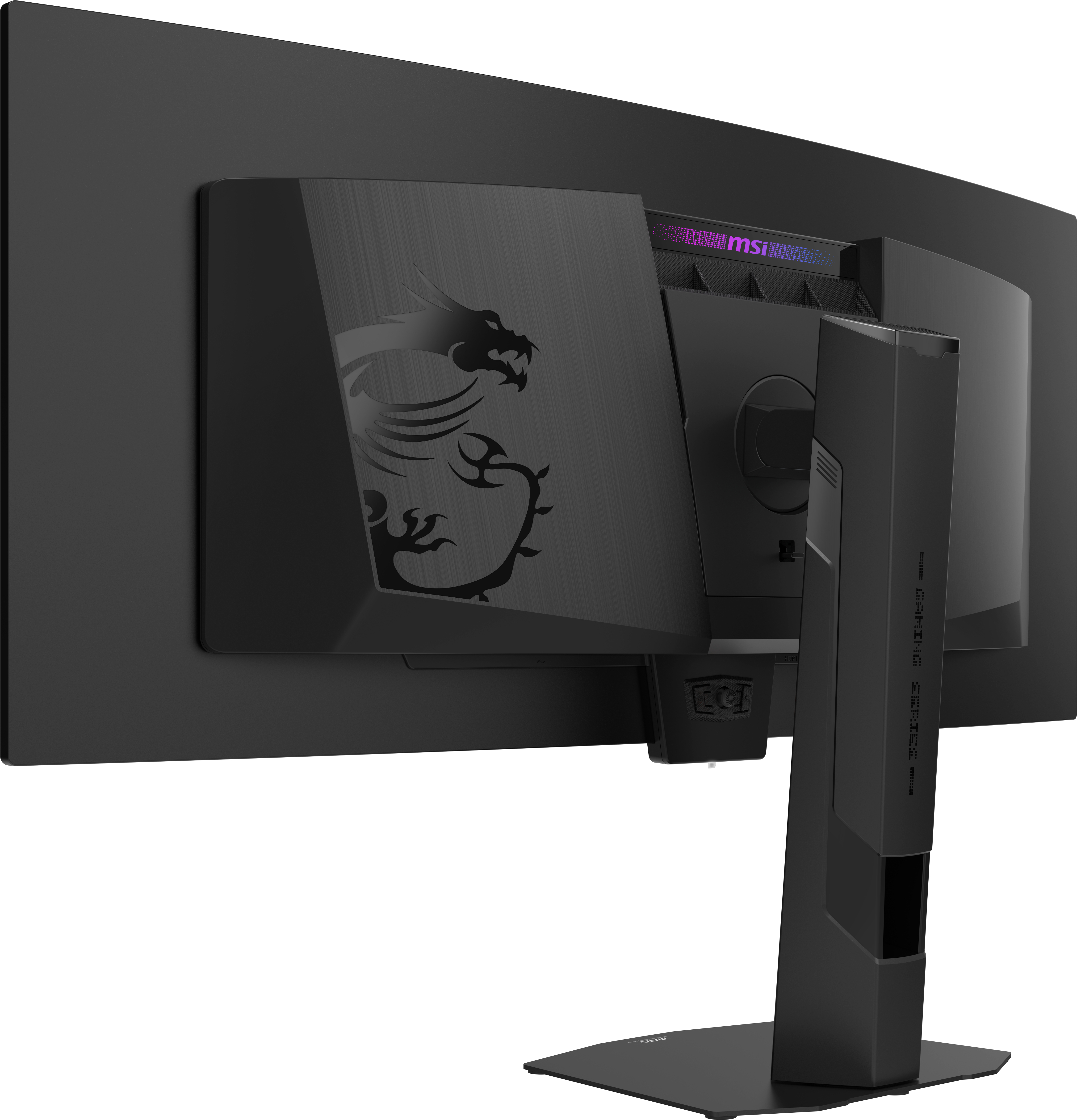Rückansicht eines schwarzen Gaming-Monitors mit Drachenlogo und MSI-Schriftzug.
