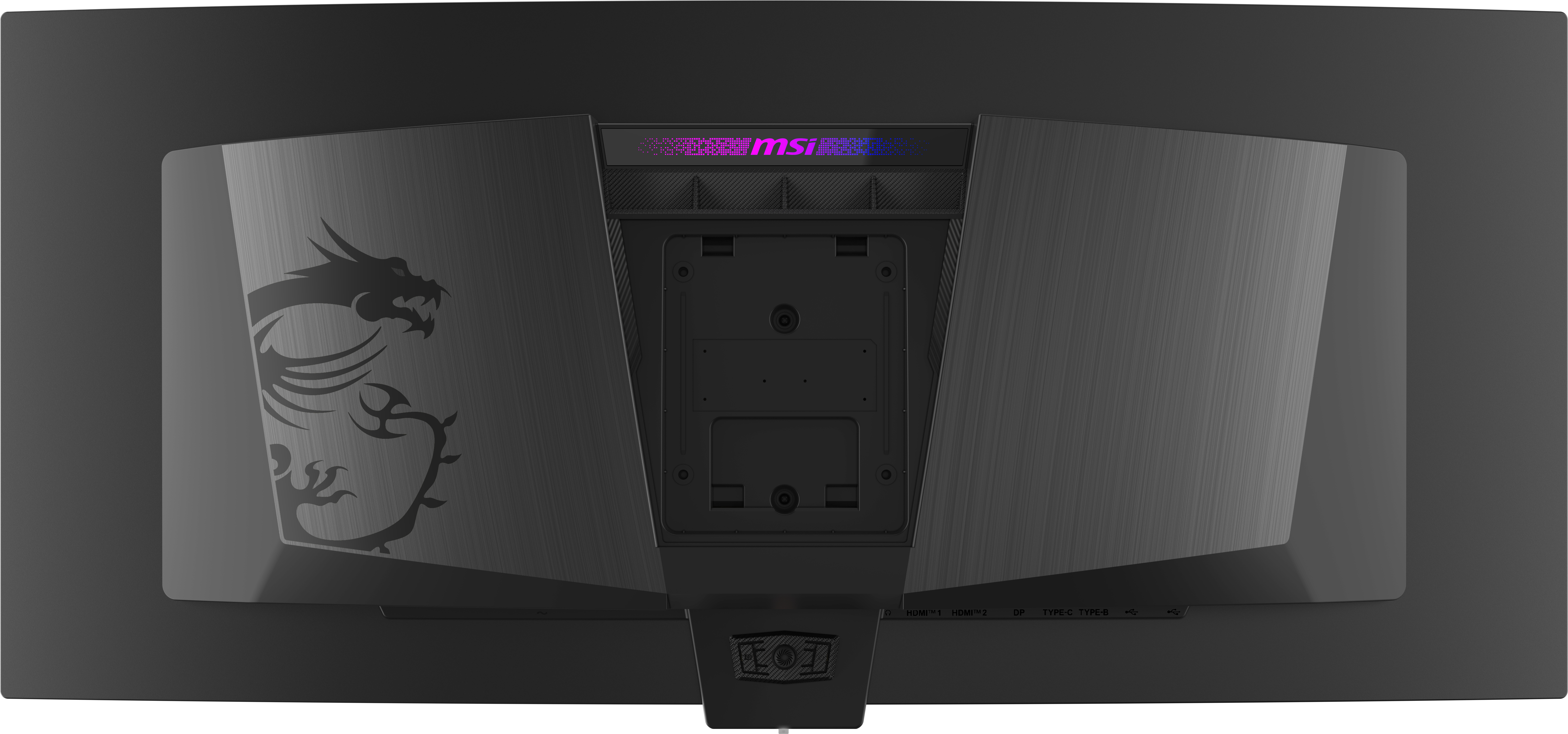 Rückseite eines schwarzen MSI-Monitors mit Drachenlogo und Anschlüssen.