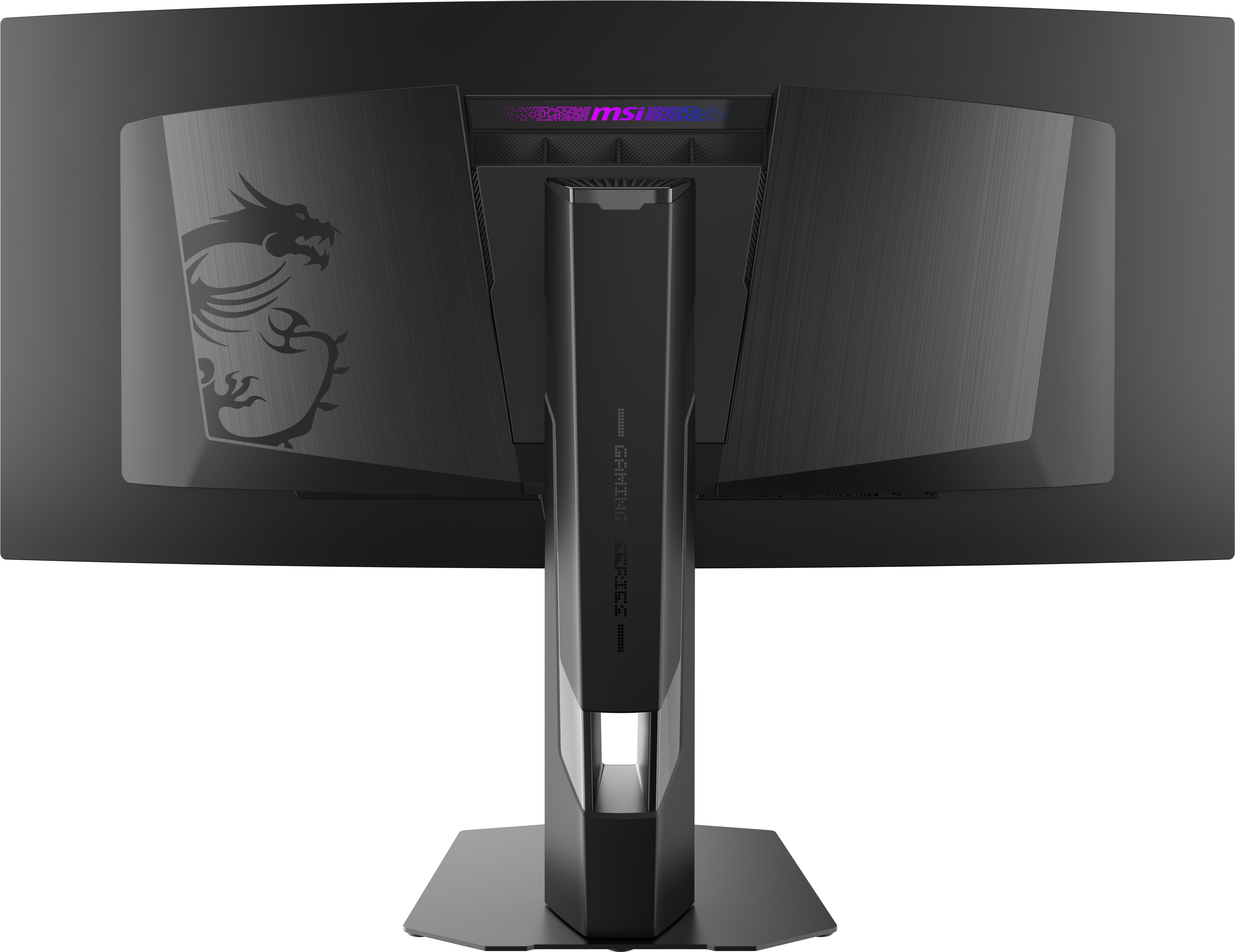Rückseite eines schwarzen MSI Gaming Monitors mit Drachenlogo und Schriftzug.