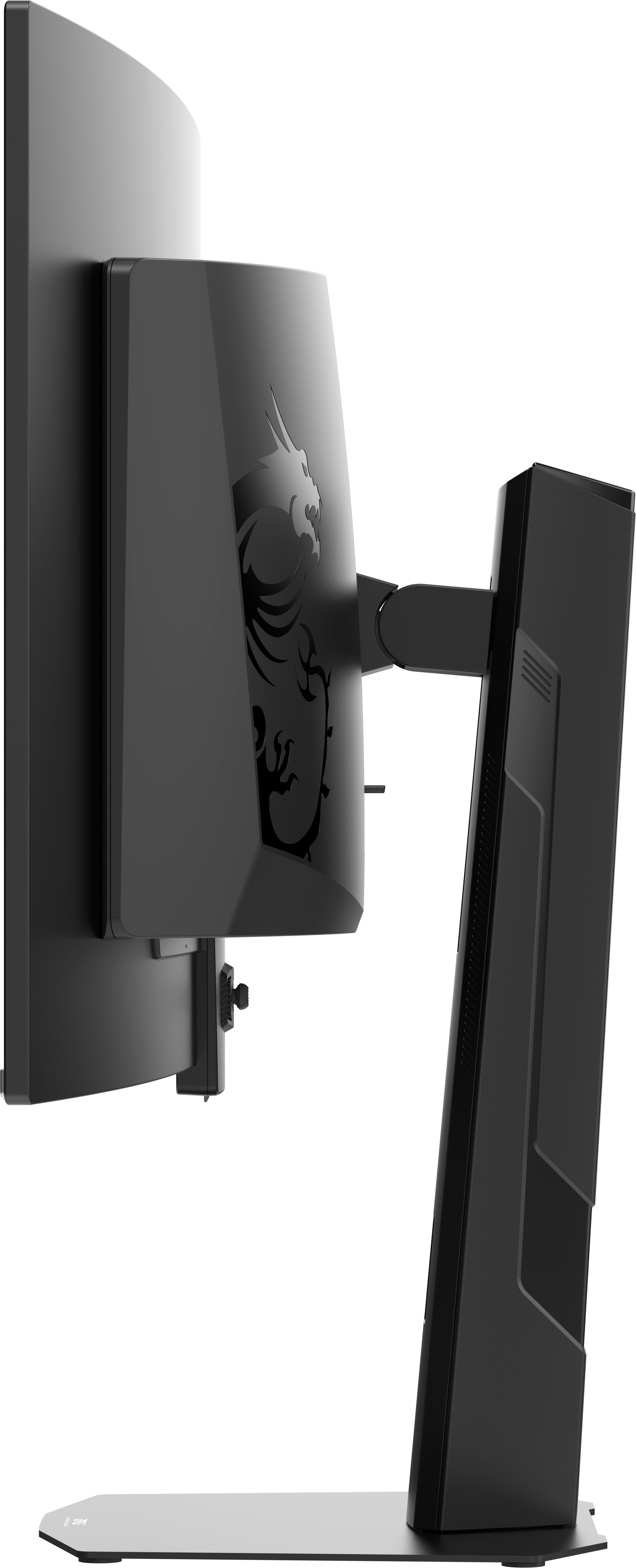 Schwarzer Monitor mit Drachenlogo auf schwenkbarem Arm, Montagesockel und PC-Gehäuse.