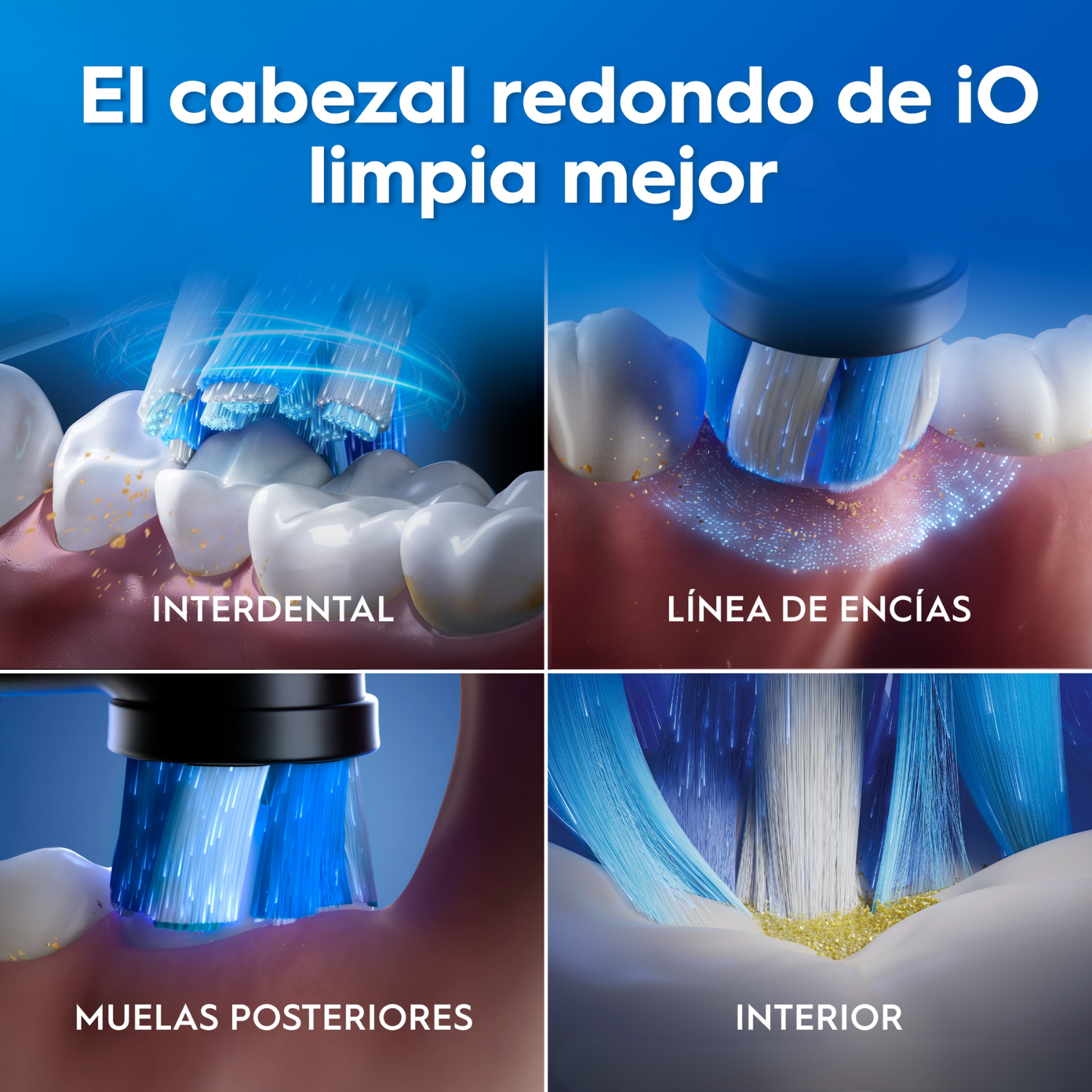 El cabezal redondo de iO limpia mejor. Interdental. Línea de las encías. Muelas posteriores. Interior.