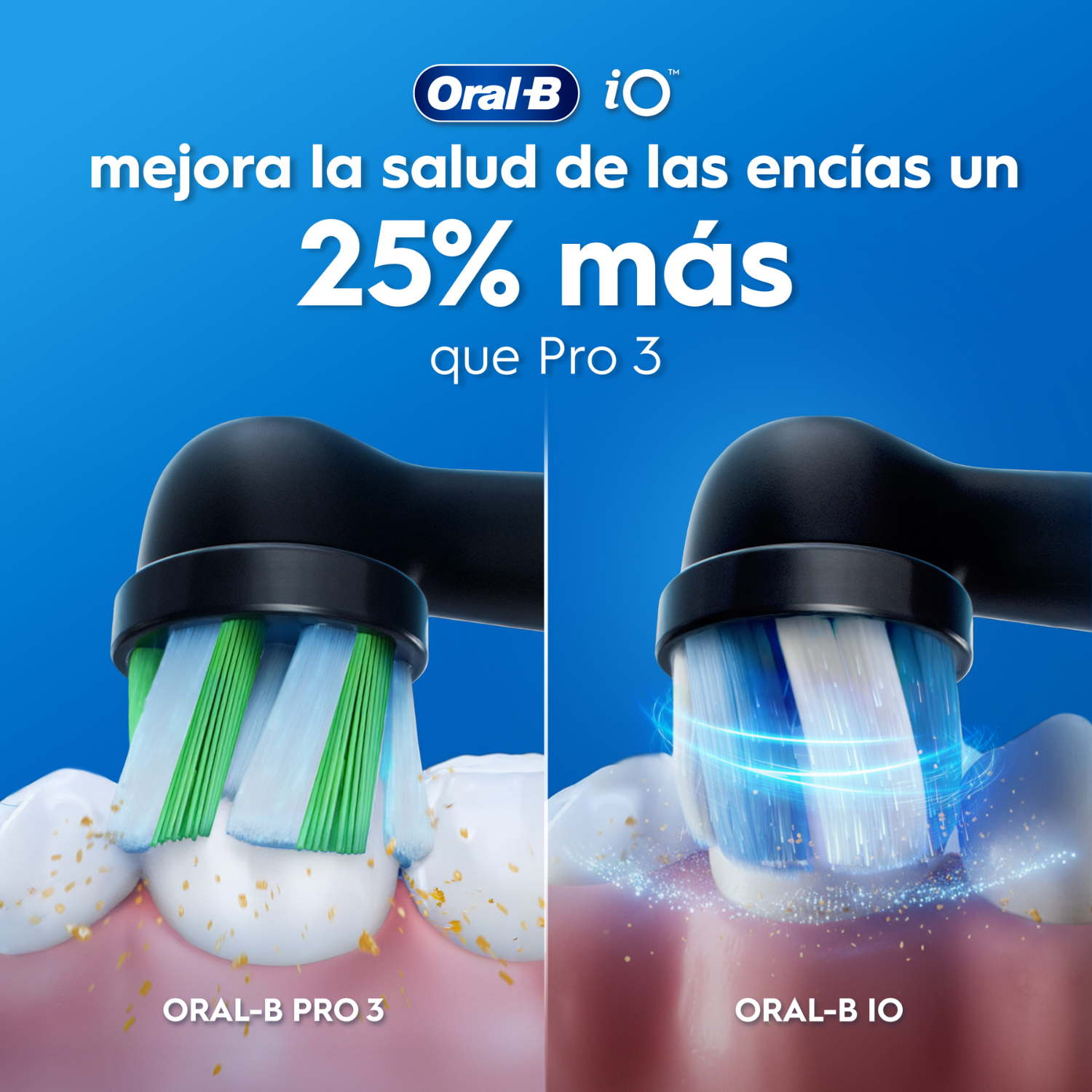 Oral-B iO mejora la salud de las encías un 25% más que Pro 3. Oral-B Pro 3. Oral-B iO.