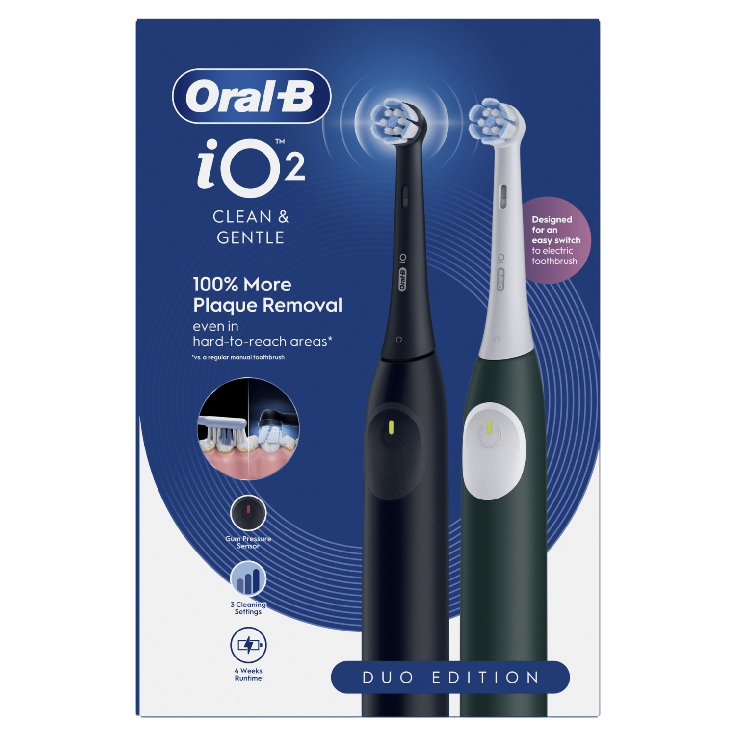 Cepillos Oral-B iO2 Edición Dúo: negro y verde oscuro, con características listadas.