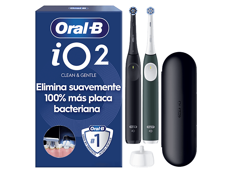 Cepillo eléctrico - Oral-B iO 2, Pack dúo, 2 recambios, 3 modos, Temporizador, Sensor de presión, Estuche viaje, Negro y Verde Bosque
