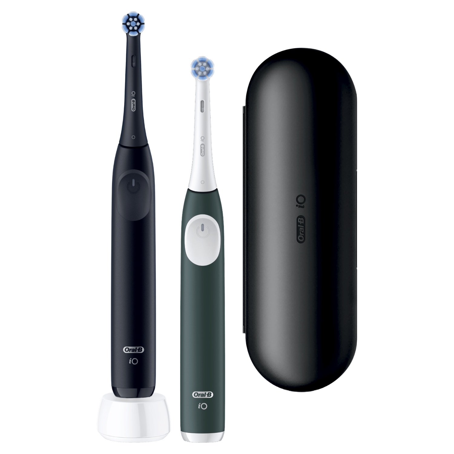 Dos cepillos de dientes eléctricos Oral-B iO, uno negro sobre soporte blanco, uno verde y un estuche negro.