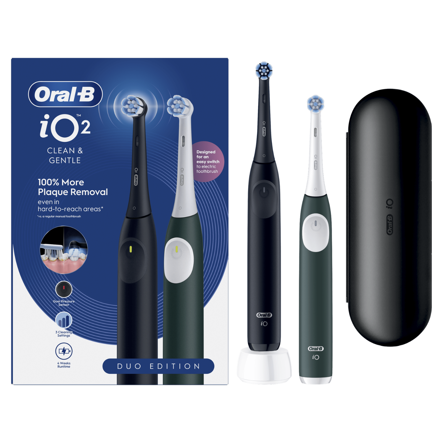 Edición Duo Oral-B iO2: dos cepillos eléctricos, base de carga y estuche de viaje.