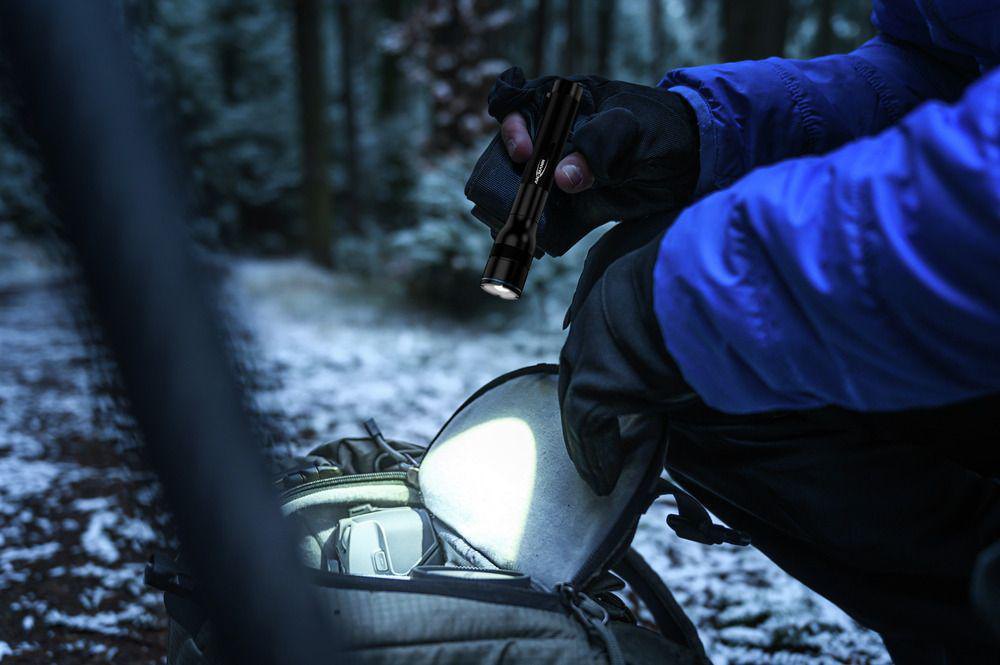 Eine Hand hält eine leuchtende Taschenlampe über einem offenen Rucksack im Wald.