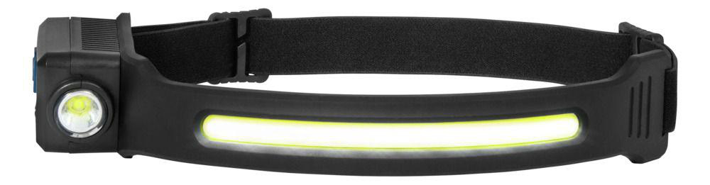 Schwarzes Stirnband mit runder und langer LED-Leuchte, verstellbar.