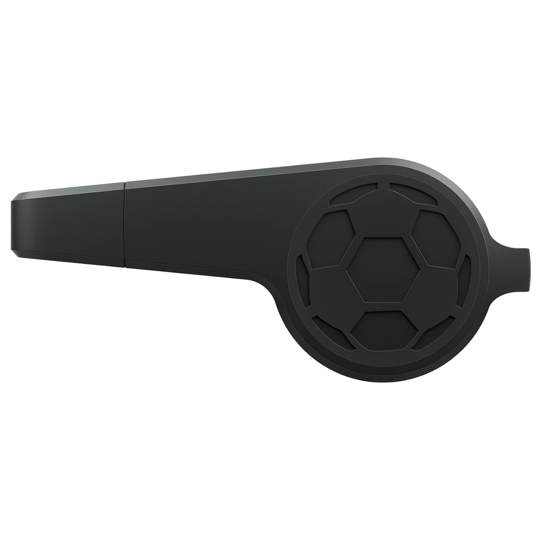 Silbato negro con patrón de balón de fútbol sobre fondo blanco.