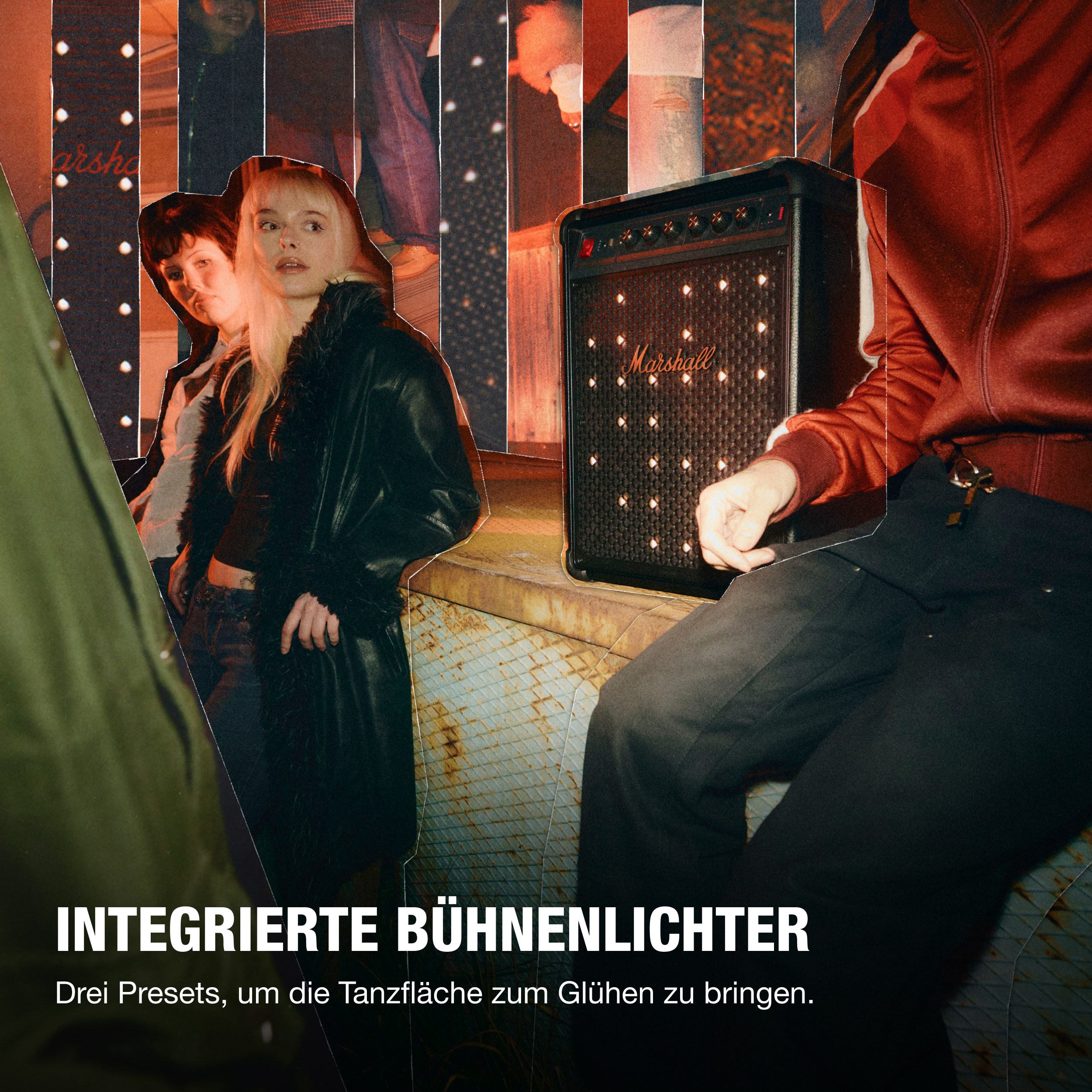 Eine Marshall-Verstärkerbox mit integrierten Lichtern, flankiert von Personen.