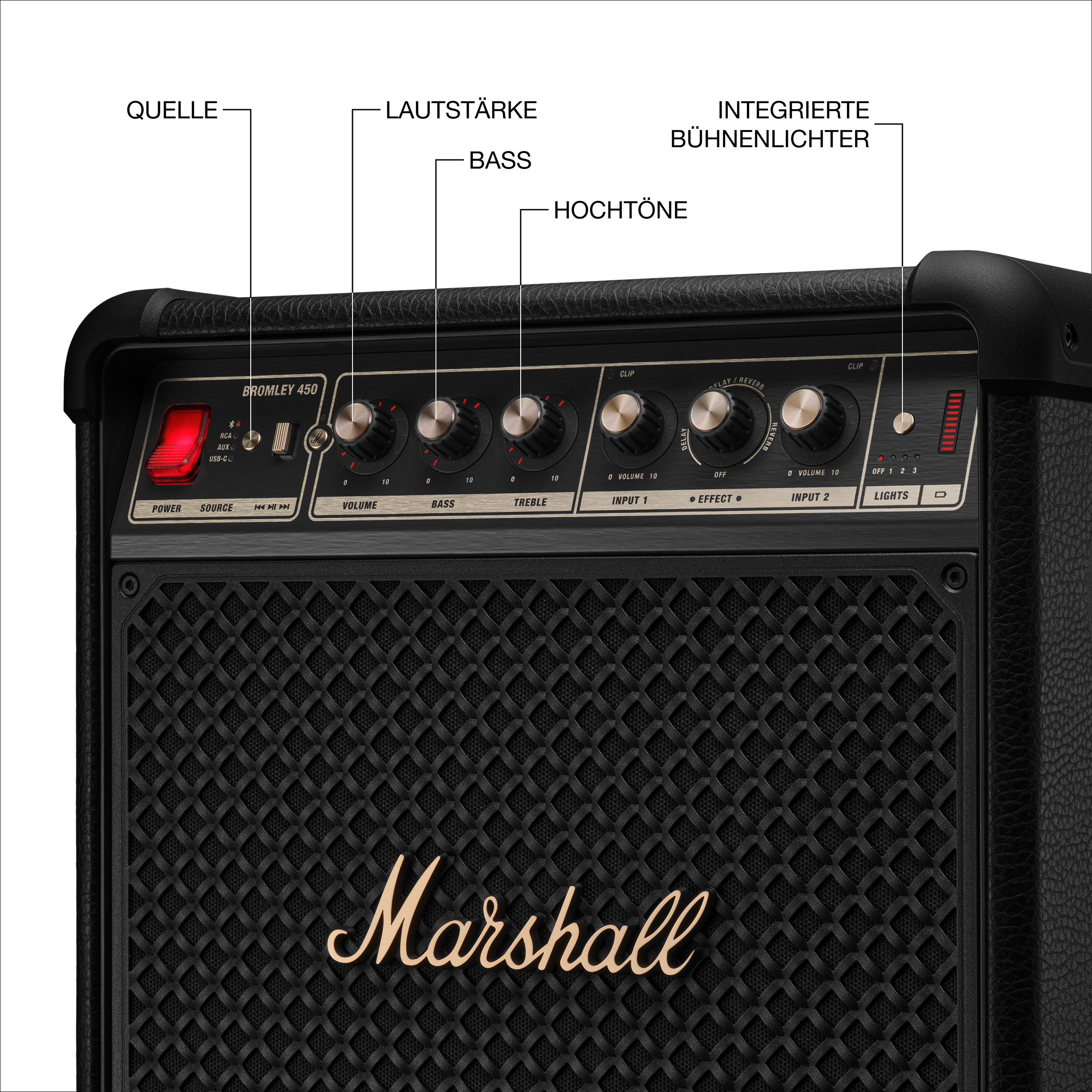 Ein schwarzer Marshall Verstärker mit Knöpfen für Lautstärke, Bass, Treble und Effekte.