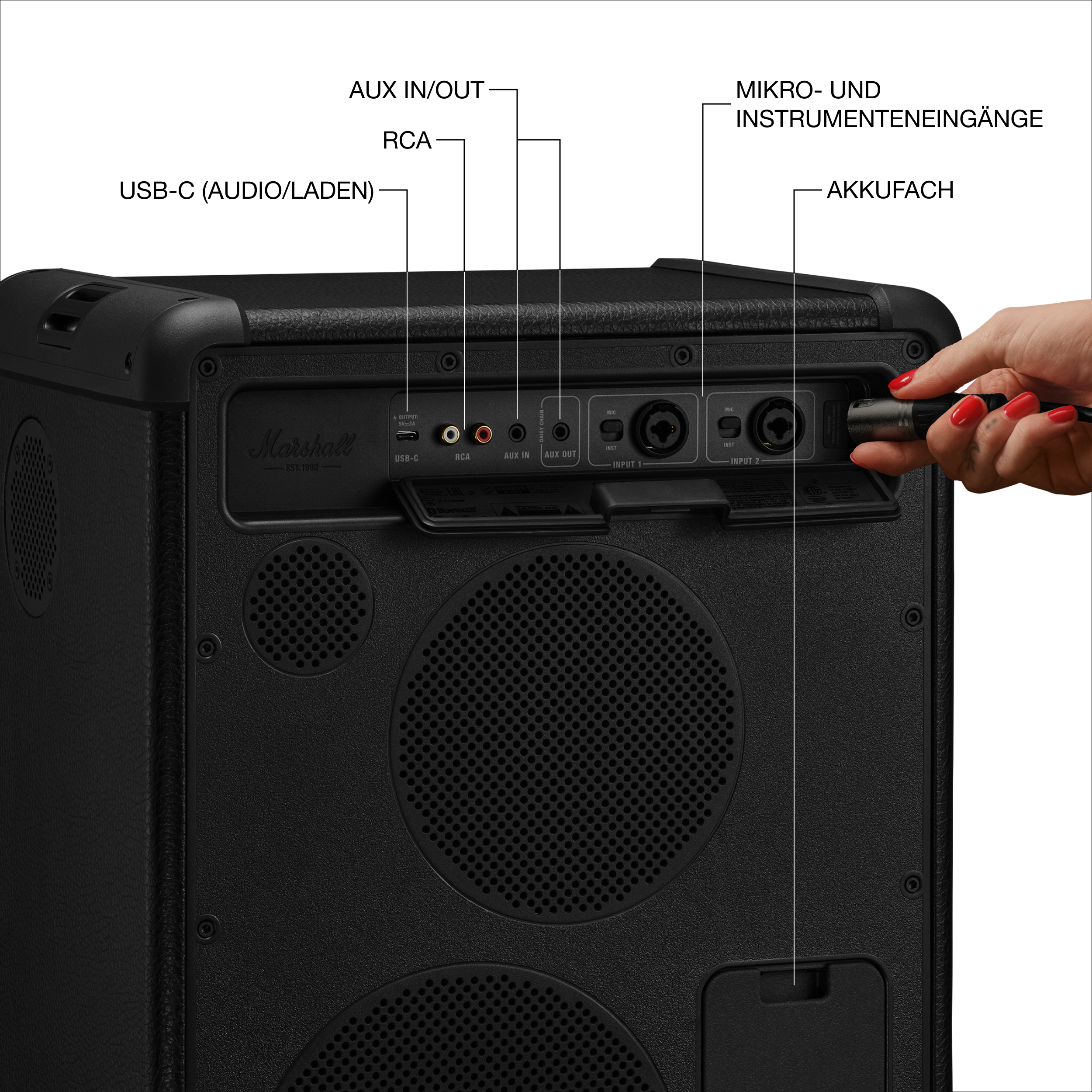 Rückseite eines schwarzen Marshall-Verstärkers mit Anschlüssen wie USB-C, RCA, AUX und Mikrofoneingängen.