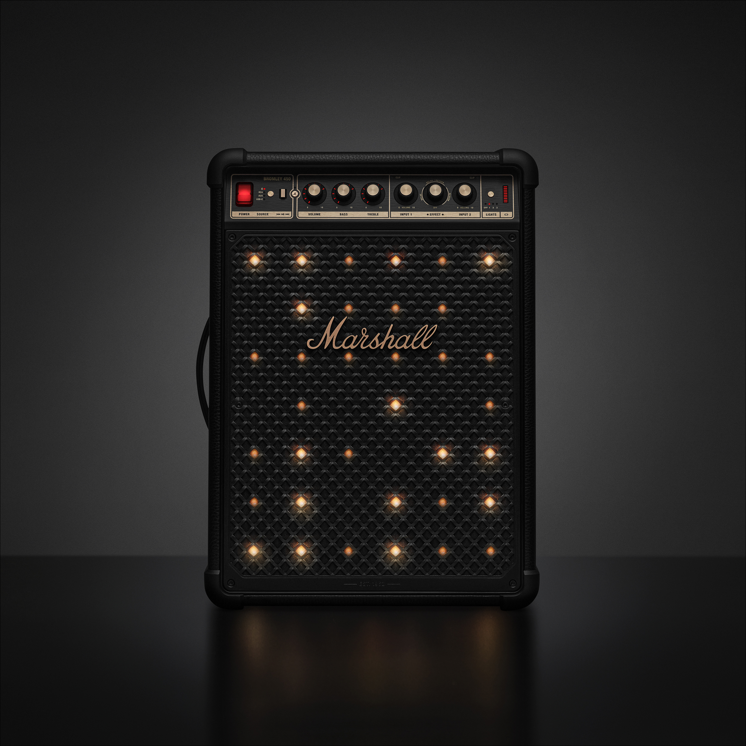 Ein schwarzer Marshall Gitarrenverstärker mit leuchtenden Lichtern und Reglern.