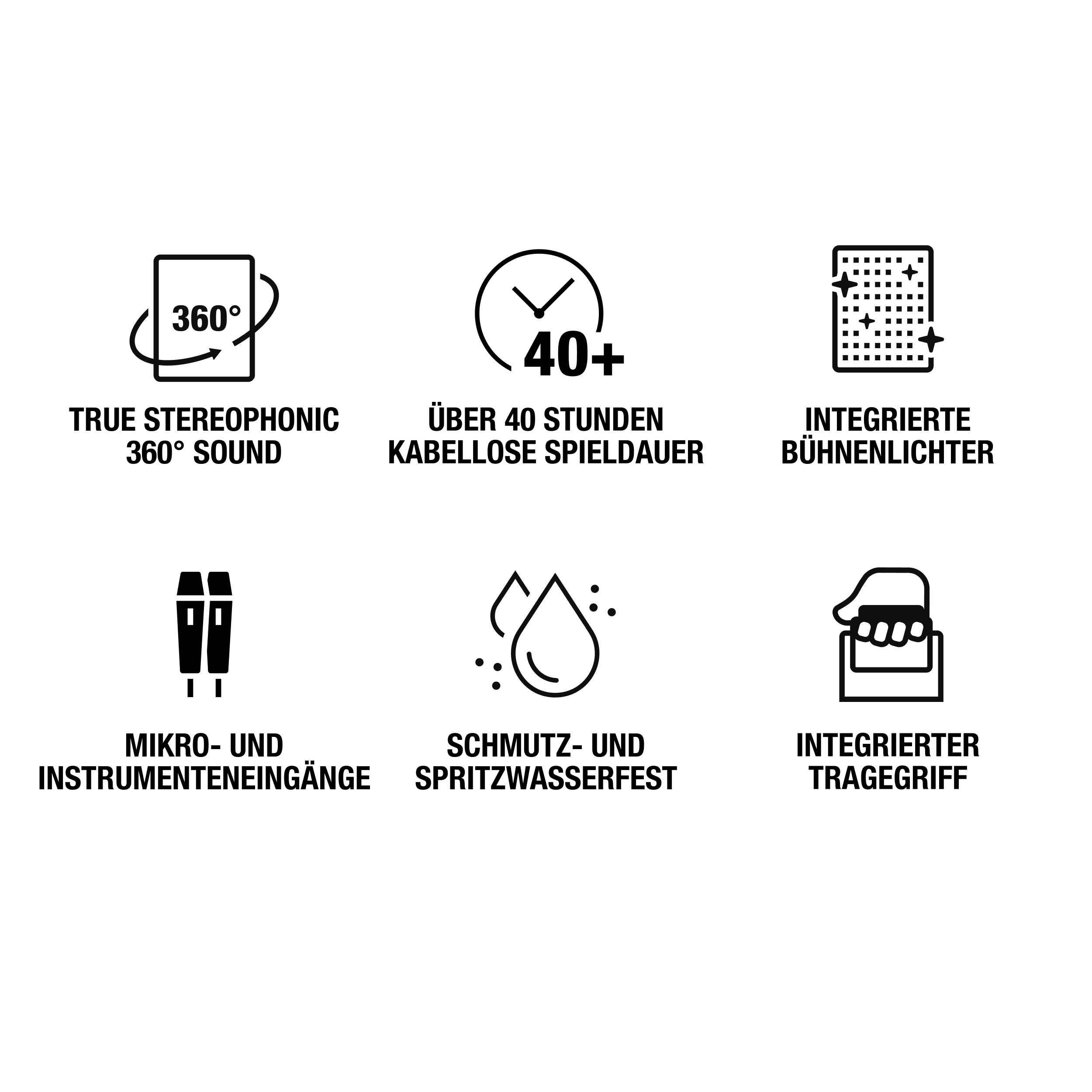 Icons: 360° Sound, 40+ Std Akkulaufzeit, Bühnenlichter, Mikrofon-Eingänge, spritzwasserfest, Tragegriff.