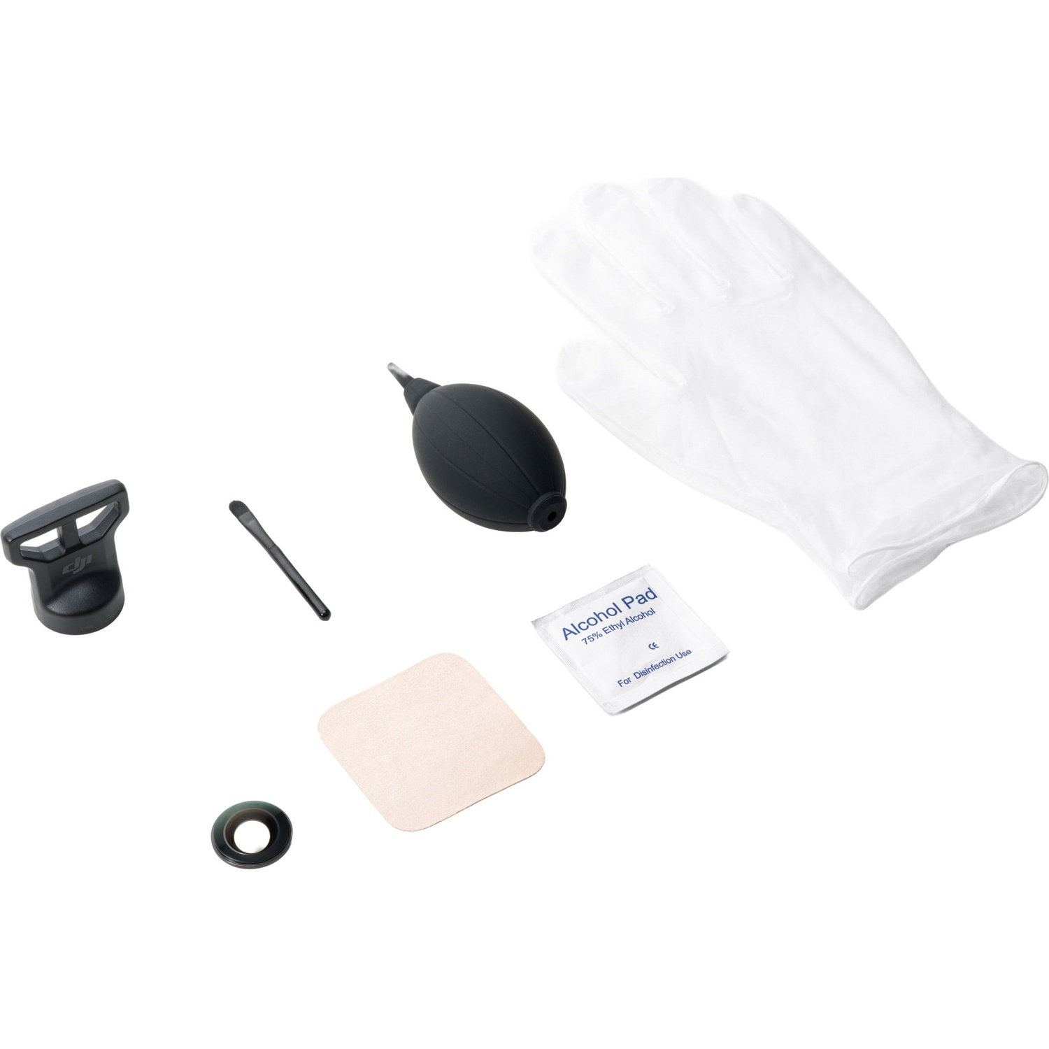 Cleaning tool set with glove, blower, brush, ring, and alcohol pad.